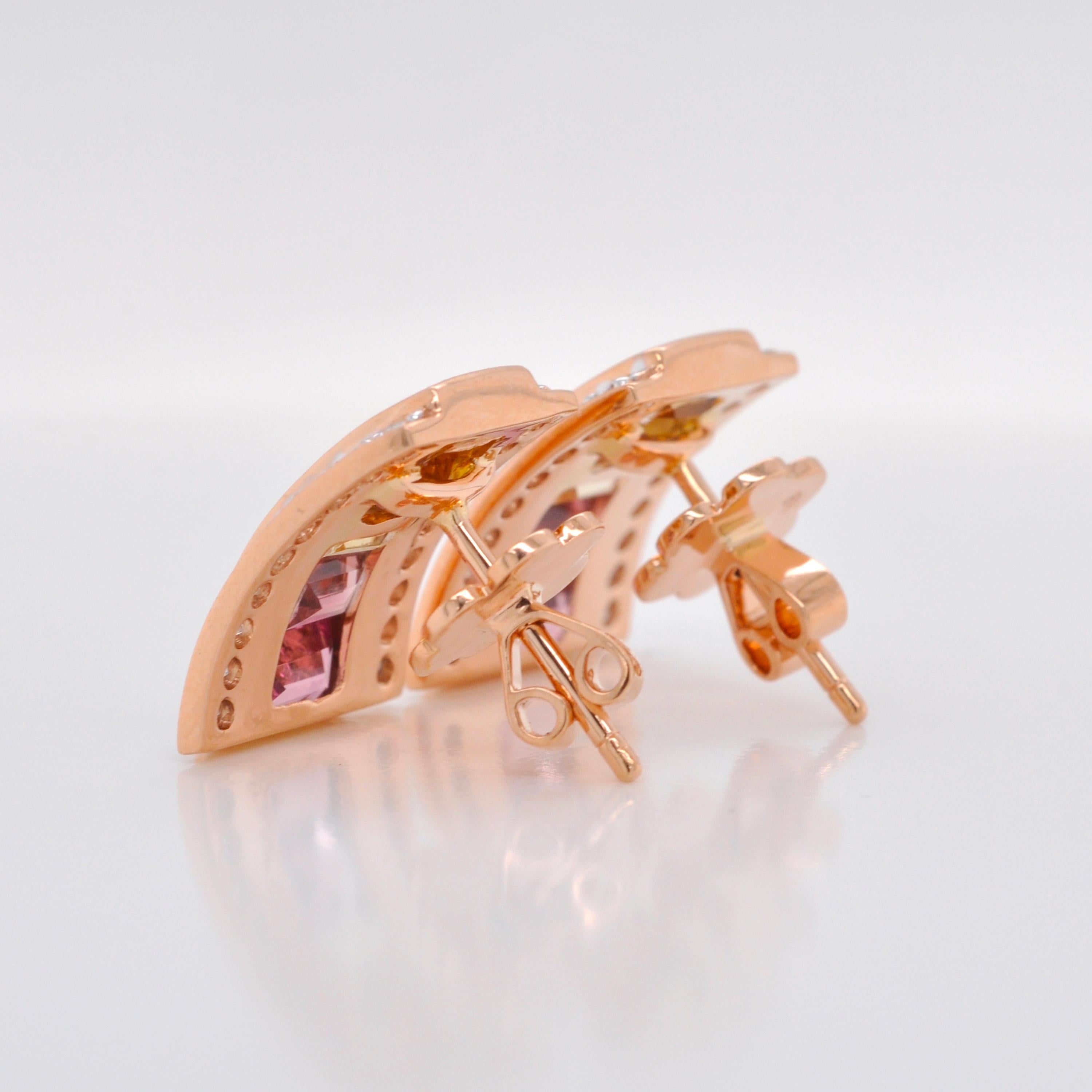 18K Rose Gold Pink Tourmaline Citrine Baguette Diamond Pendant Stud Earrings For Sale 9