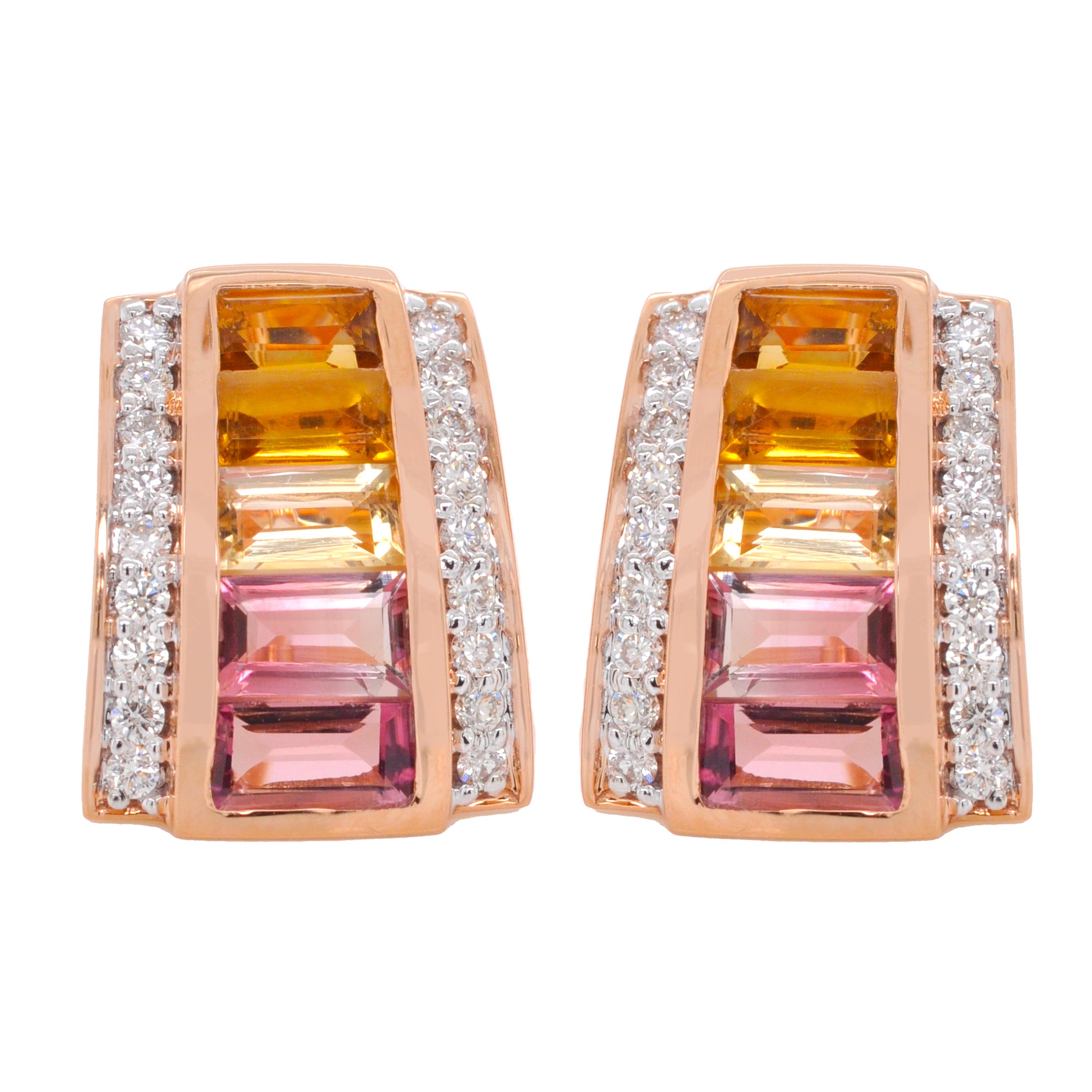 18K Rose Gold Pink Tourmaline Citrine Baguette Diamond Pendant Stud Earrings For Sale 11