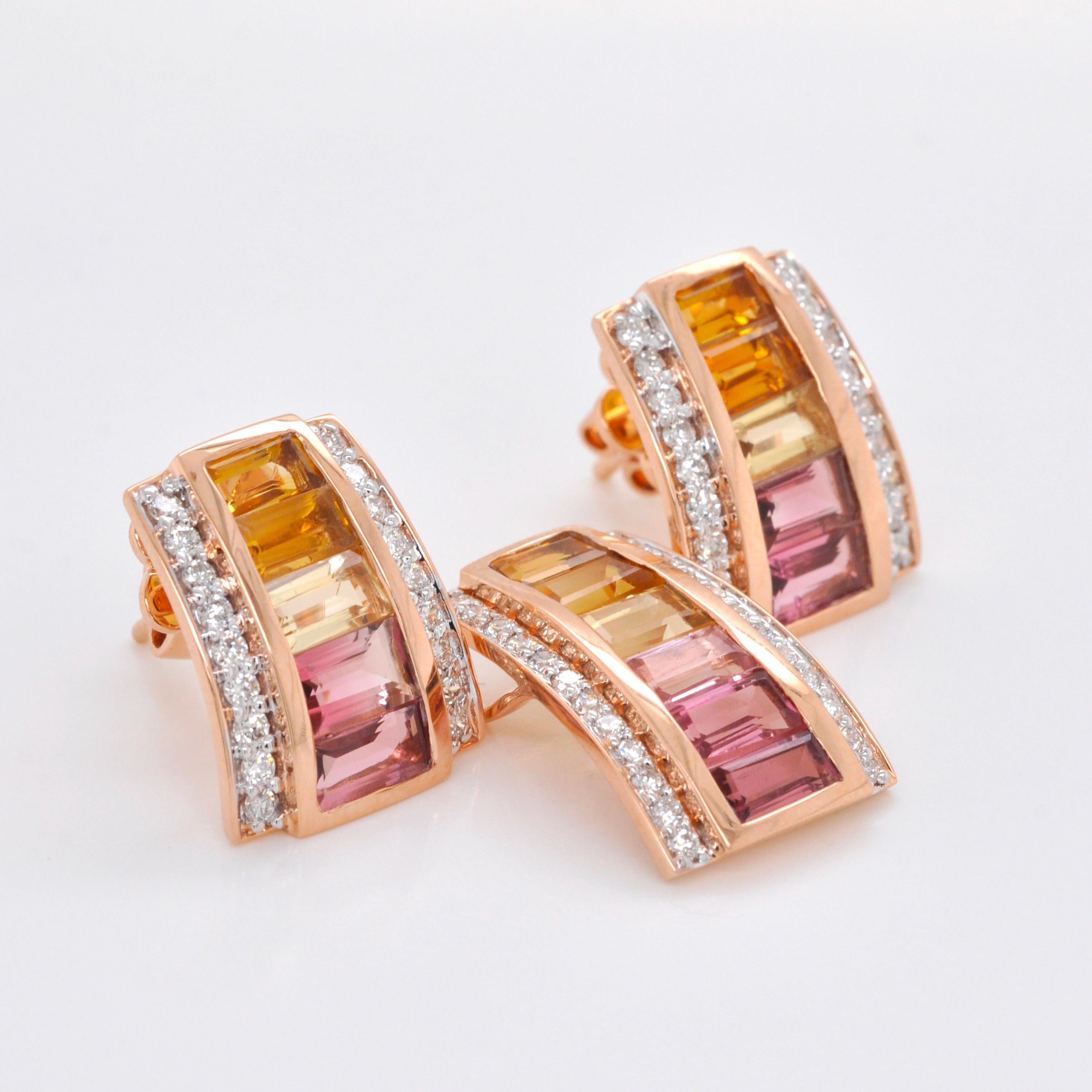 Women's 18K Rose Gold Pink Tourmaline Citrine Baguette Diamond Pendant Stud Earrings For Sale