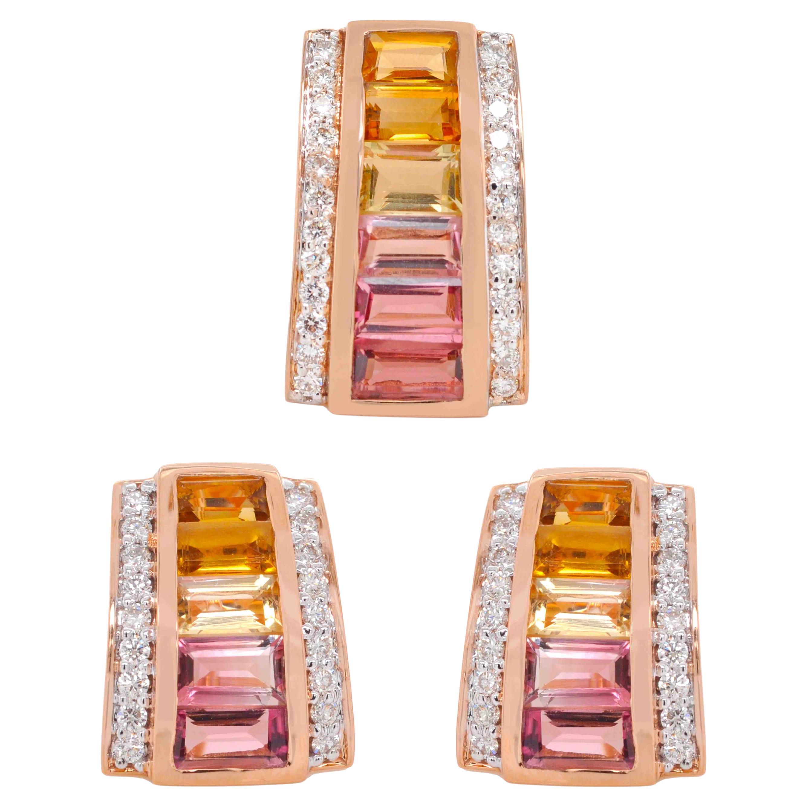 18K Rose Gold Pink Tourmaline Citrine Baguette Diamond Pendant Stud Earrings For Sale
