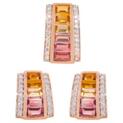 18K Rose Gold Pink Tourmaline Citrine Baguette Diamond Pendant Stud Earrings