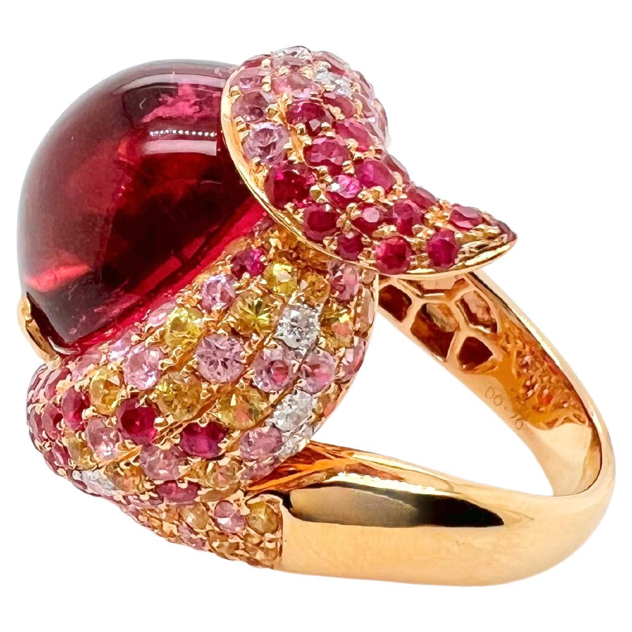 Contemporary 18k Rose Gold Pink Tourmaline Ring with Diamonds and Color Sapphires For Sale