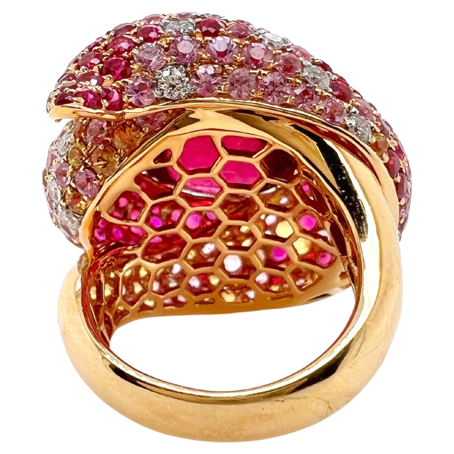 Round Cut 18k Rose Gold Pink Tourmaline Ring with Diamonds and Color Sapphires For Sale