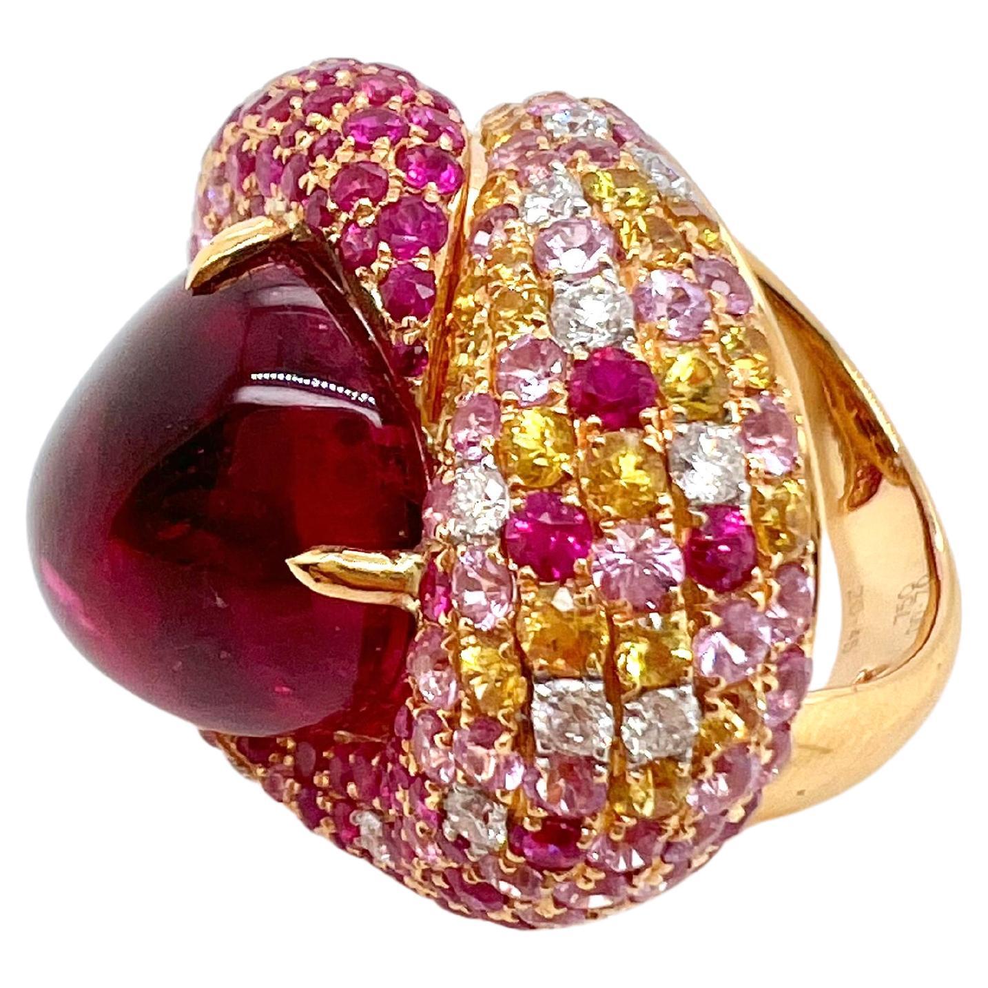 18k Rose Gold Pink Tourmaline Ring with Diamonds and Color Sapphires In New Condition For Sale In Carrollton, TX