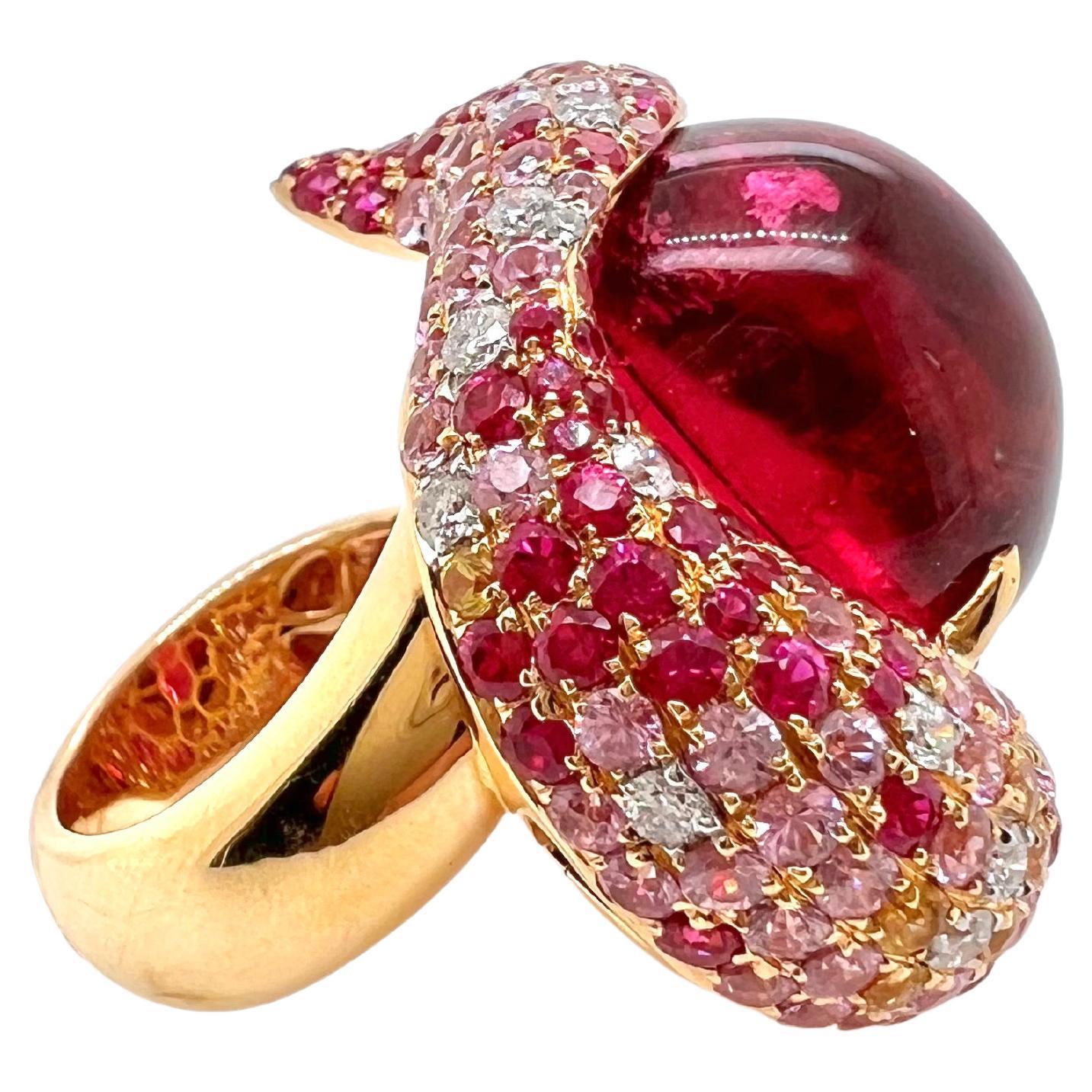 Women's or Men's 18k Rose Gold Pink Tourmaline Ring with Diamonds and Color Sapphires For Sale