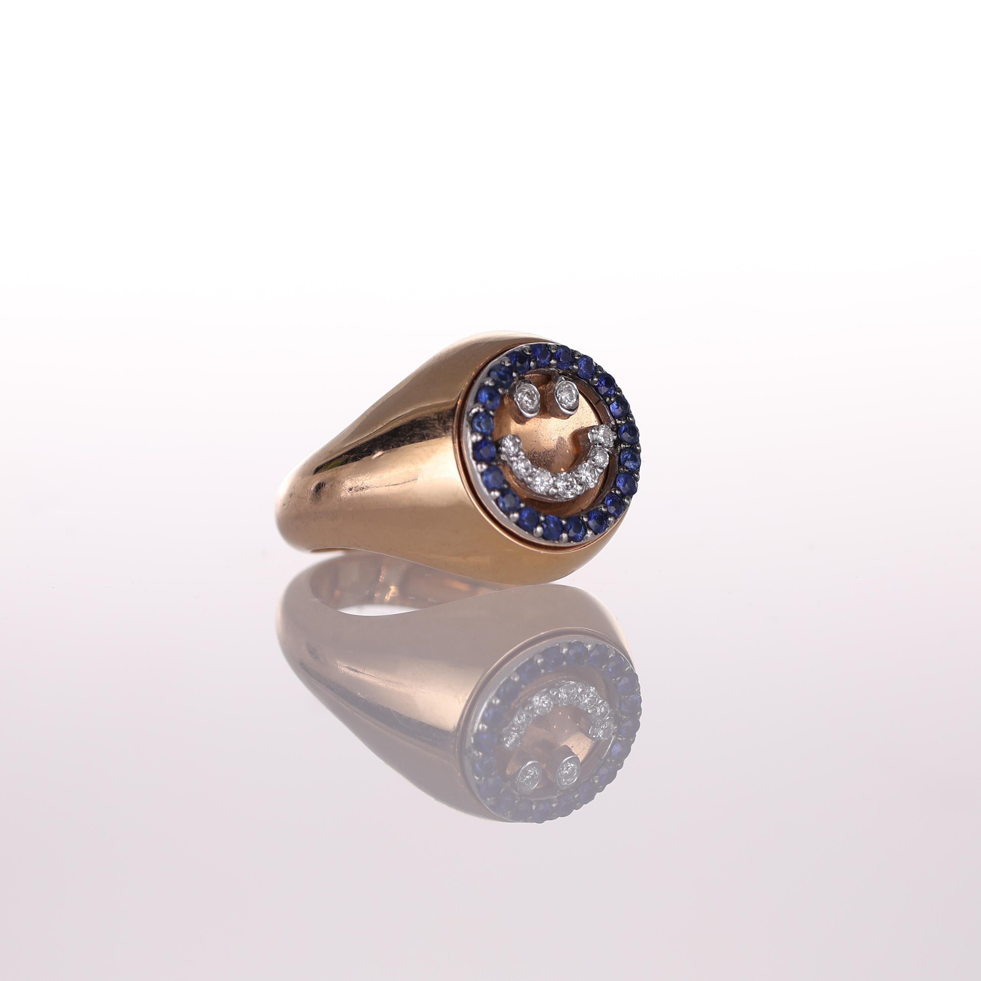 Brilliant Cut 18K Rose Gold Pinky Ring with Diamond and Sapphire Smile Motif For Sale