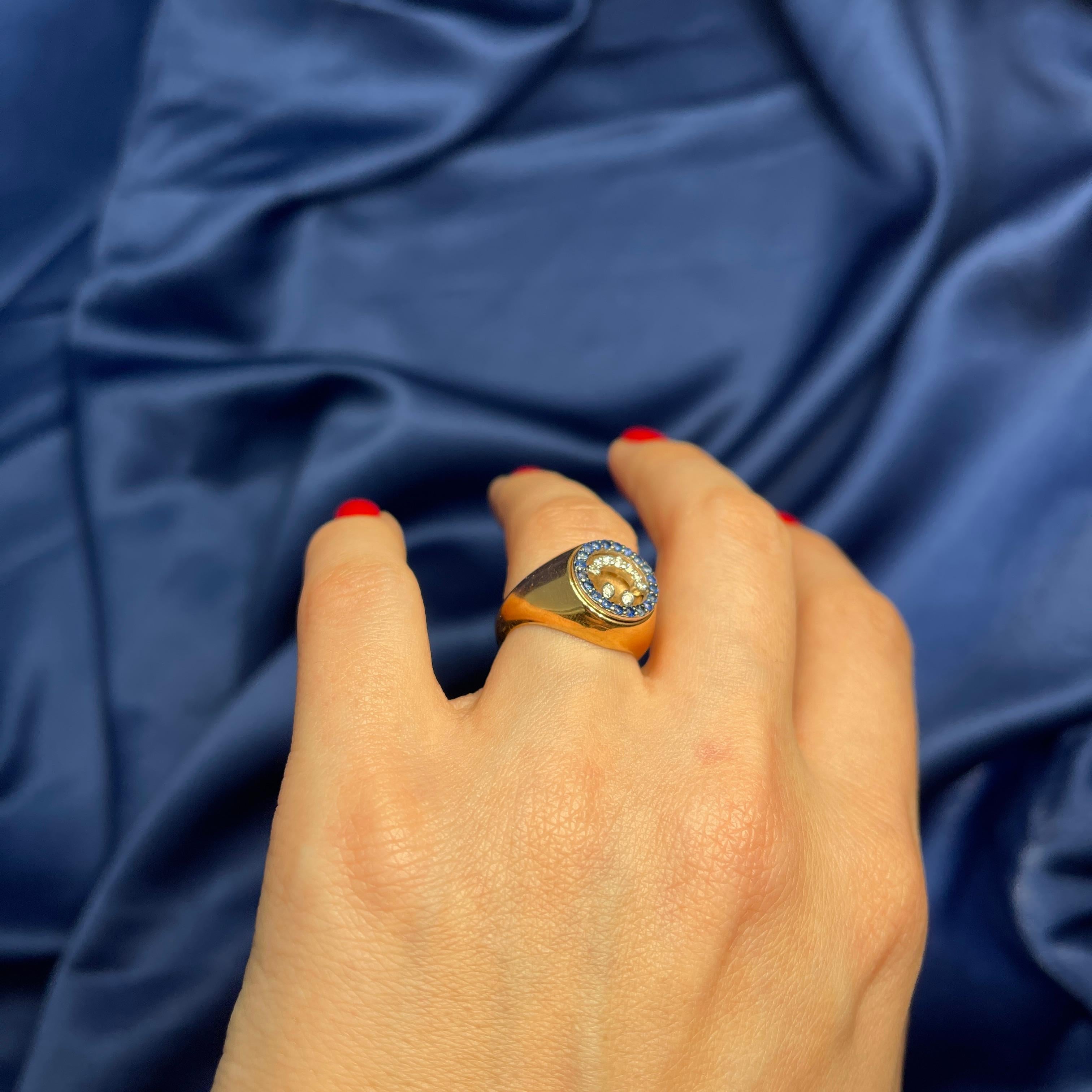 18K Rose Gold Pinky Ring with Diamond and Sapphire Smile Motif For Sale 4