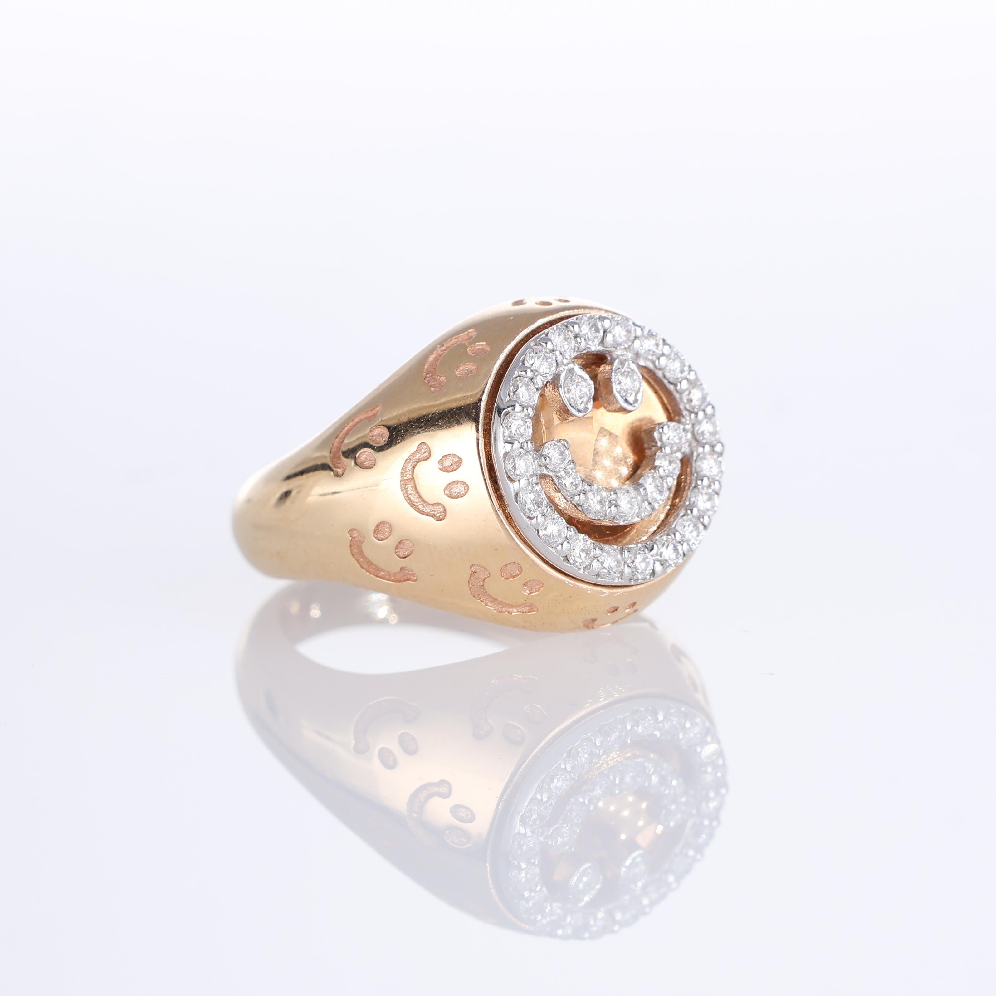 Brilliant Cut 18K Rose Gold Pinky Ring with Smiley and Diamond Accents For Sale