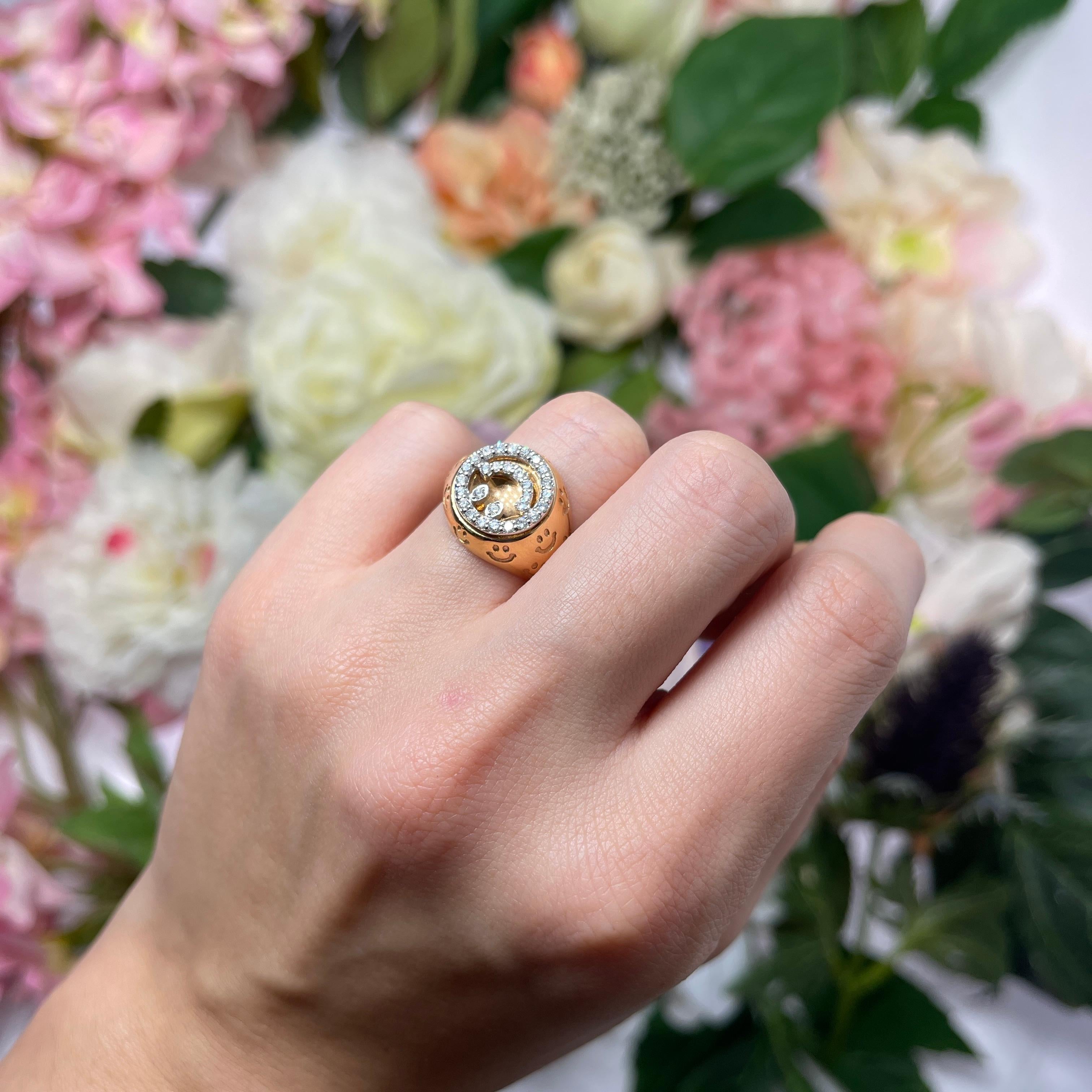 18K Rose Gold Pinky Ring with Smiley and Diamond Accents For Sale 2