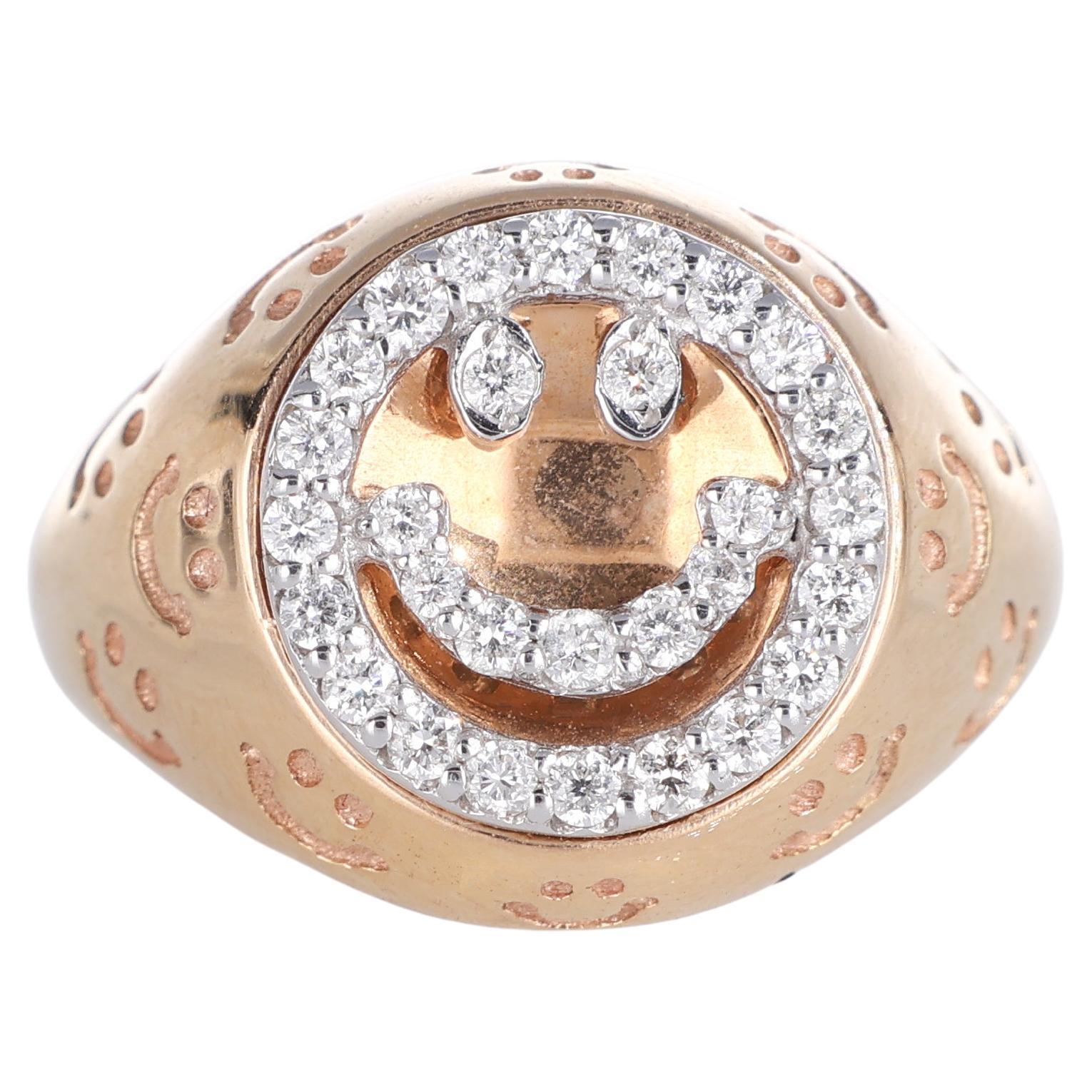 18K Rose Gold Pinky Ring with Smiley and Diamond Accents For Sale