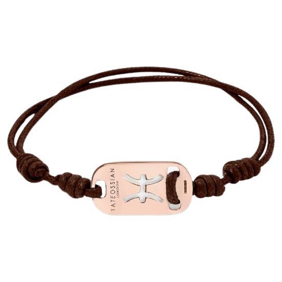 18K Rose Gold Pisces Bracelet with Brown Cord