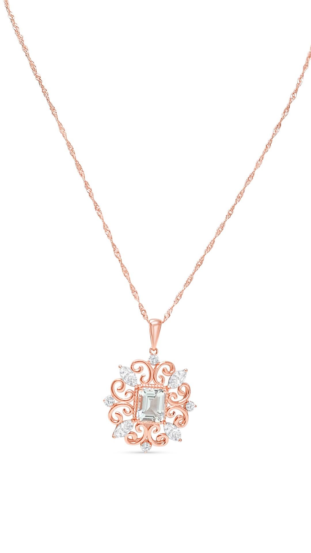Emerald Cut 18K Rose Gold Plated 925 Sterling Silver Aquamarine Bridal Pendant Necklace  For Sale
