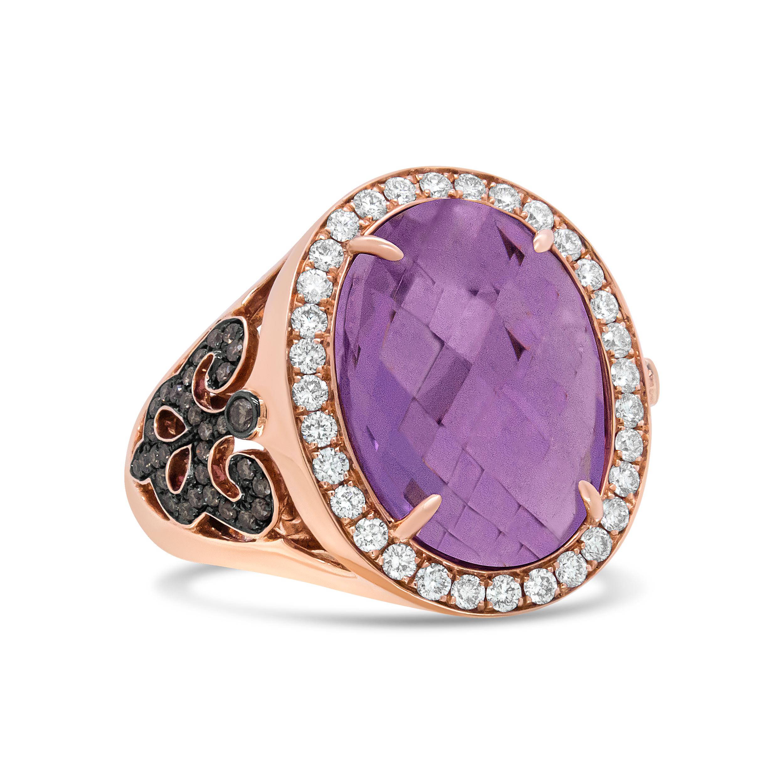 A beautiful oval shaped purple amethyst captivates the soul of this once-in-a-lifetime ring. Sitting as the central motif, the gemstone is 18x13mm in size and rests delicately on luxurious 18k rose gold. The gemstone is flanked by a circular design