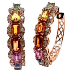 18k Rose Gold Rainbow Color Sapphire with Diamonds Hoop Earrings
