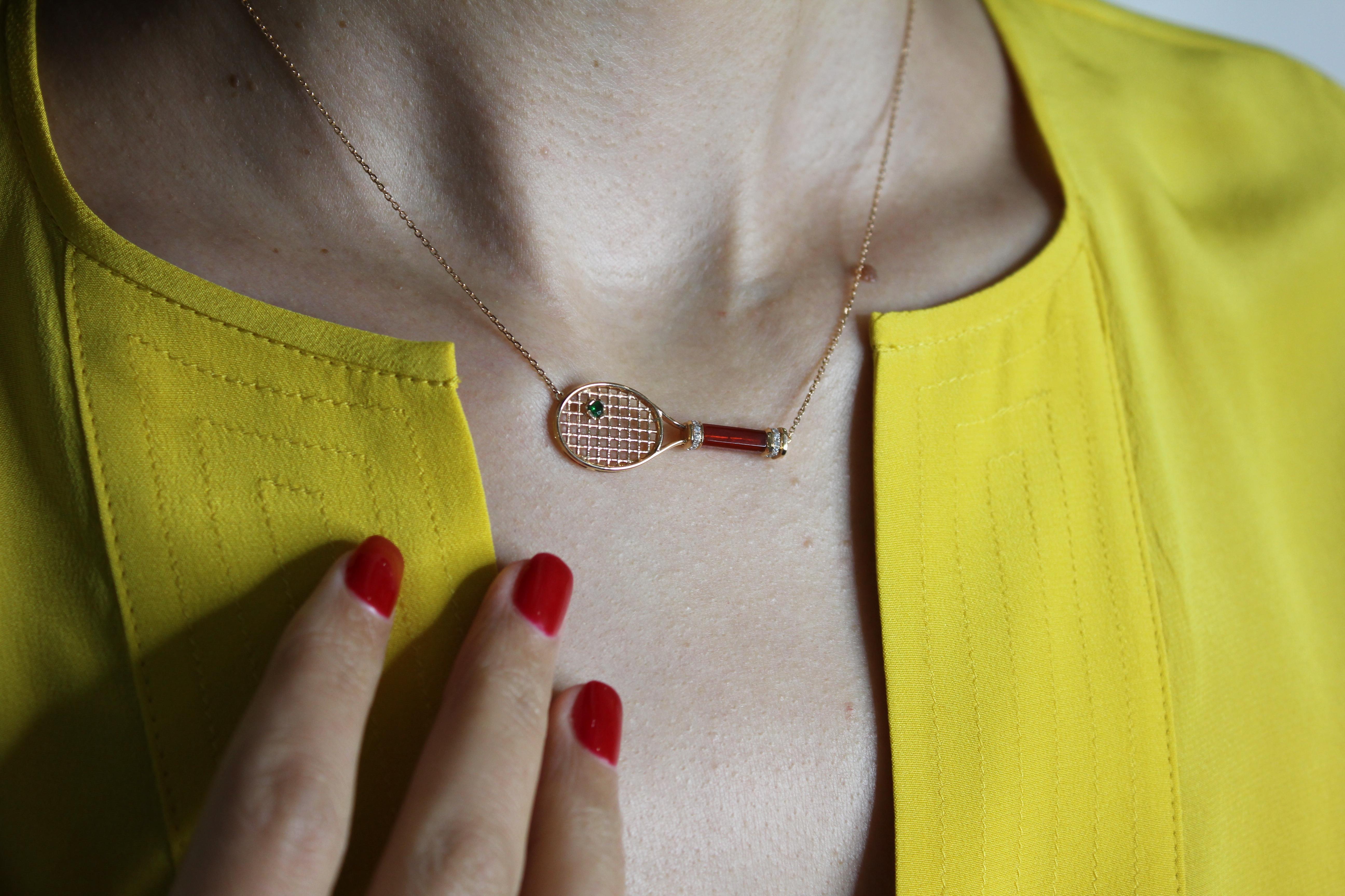 Tennis Racket Red Carnelian Handle Green Emerald Ball Rose Gold Necklace Pendant In New Condition For Sale In Oakton, VA