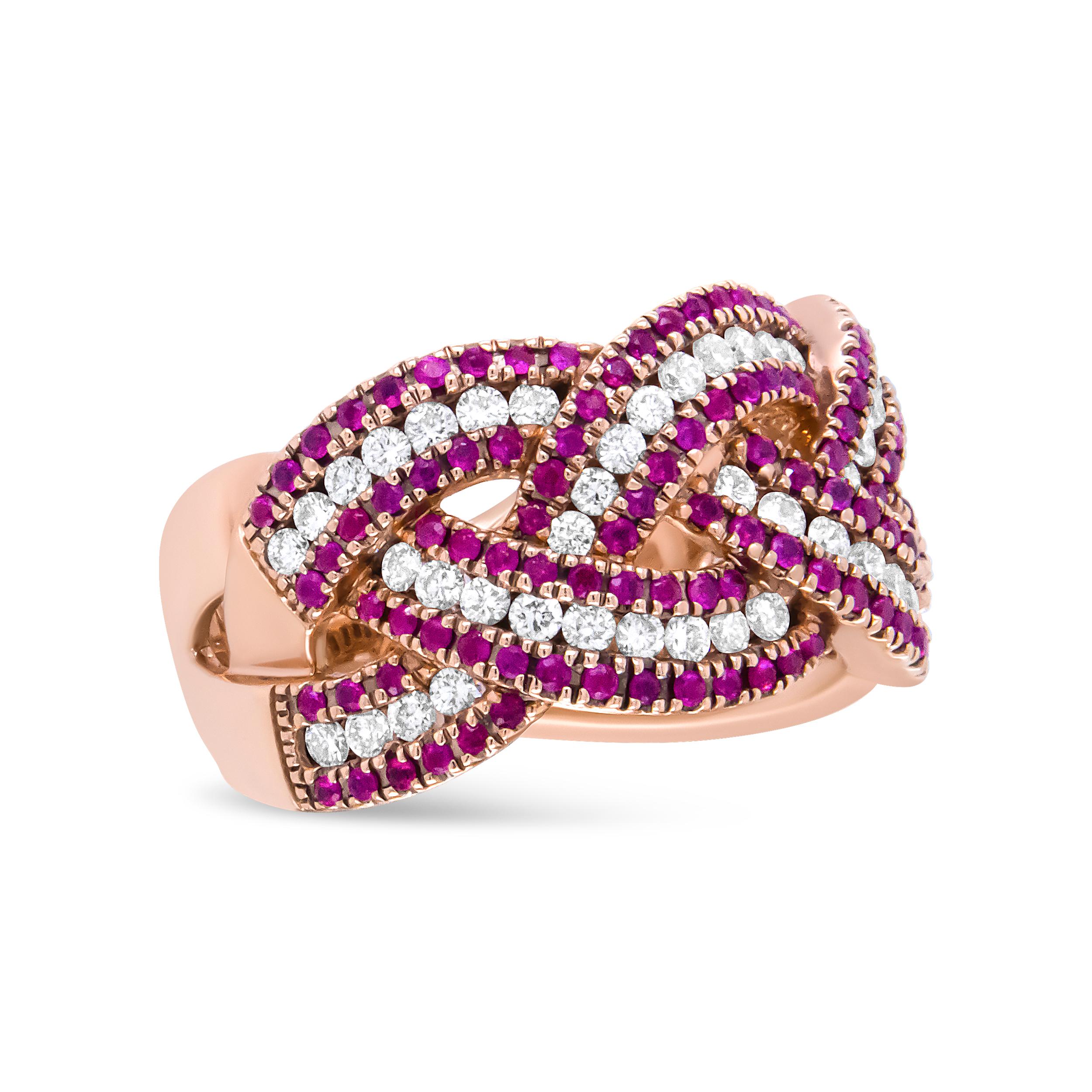 Rubies and diamonds dance delicately across this 18k rose gold band. Crafted with an intricate, bypass design, this ring is set with a total carat weight of 7/8 c.t. Rows of red rubies alternate with rows of natural round-cut white diamonds to give
