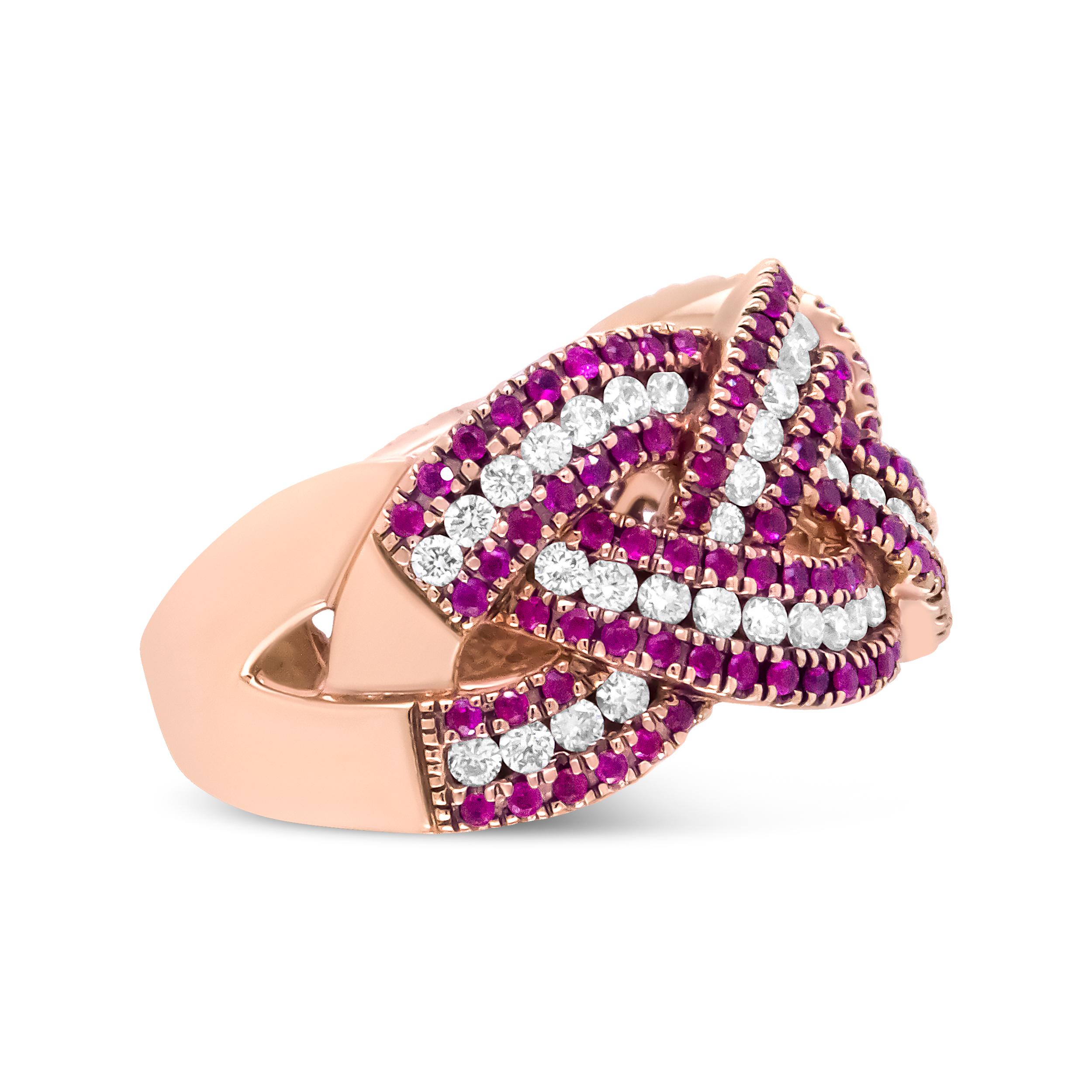 Contemporary 18K Rose Gold Red Ruby and 7/8 Carat Diamond Woven Braided Band Ring For Sale