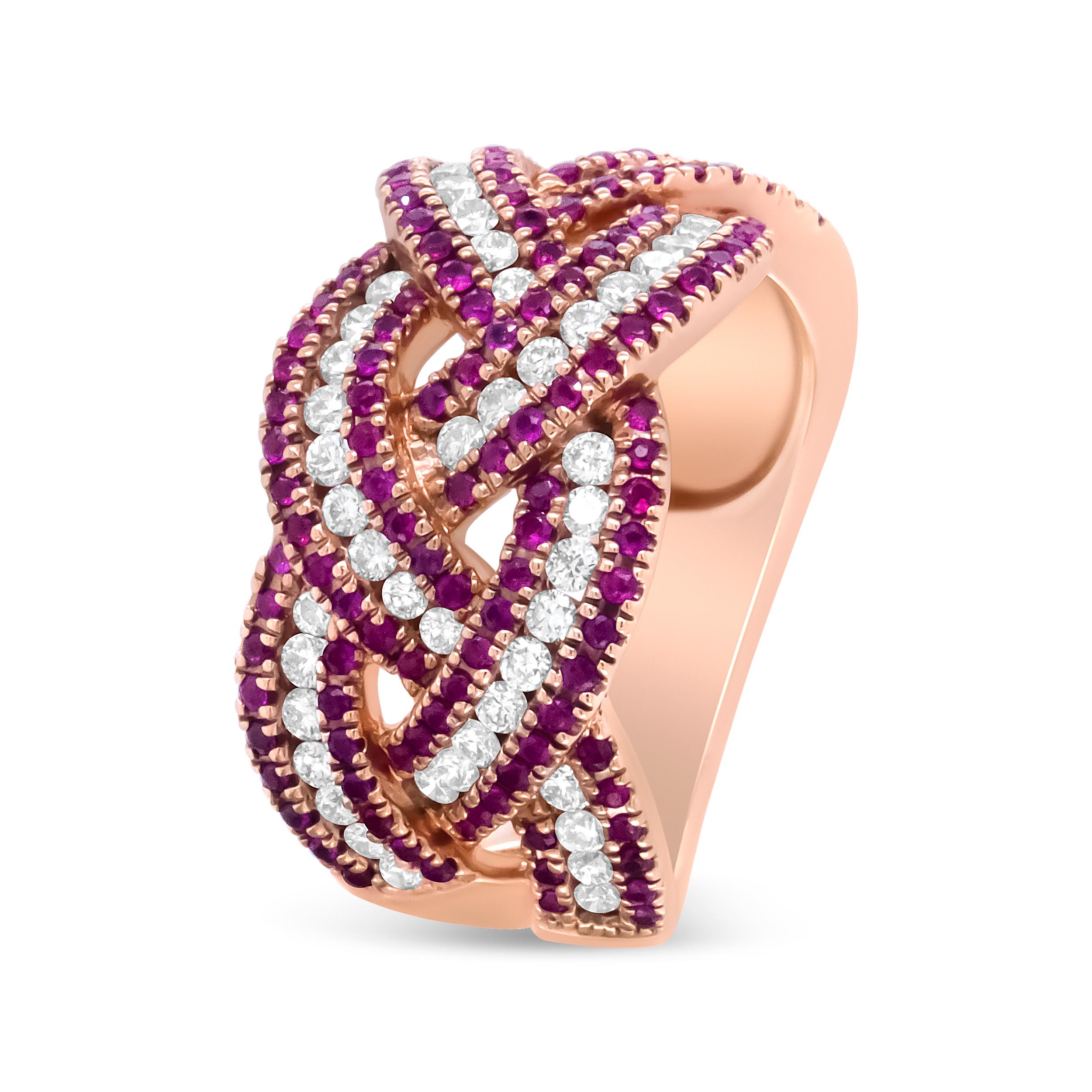 Round Cut 18K Rose Gold Red Ruby and 7/8 Carat Diamond Woven Braided Band Ring For Sale