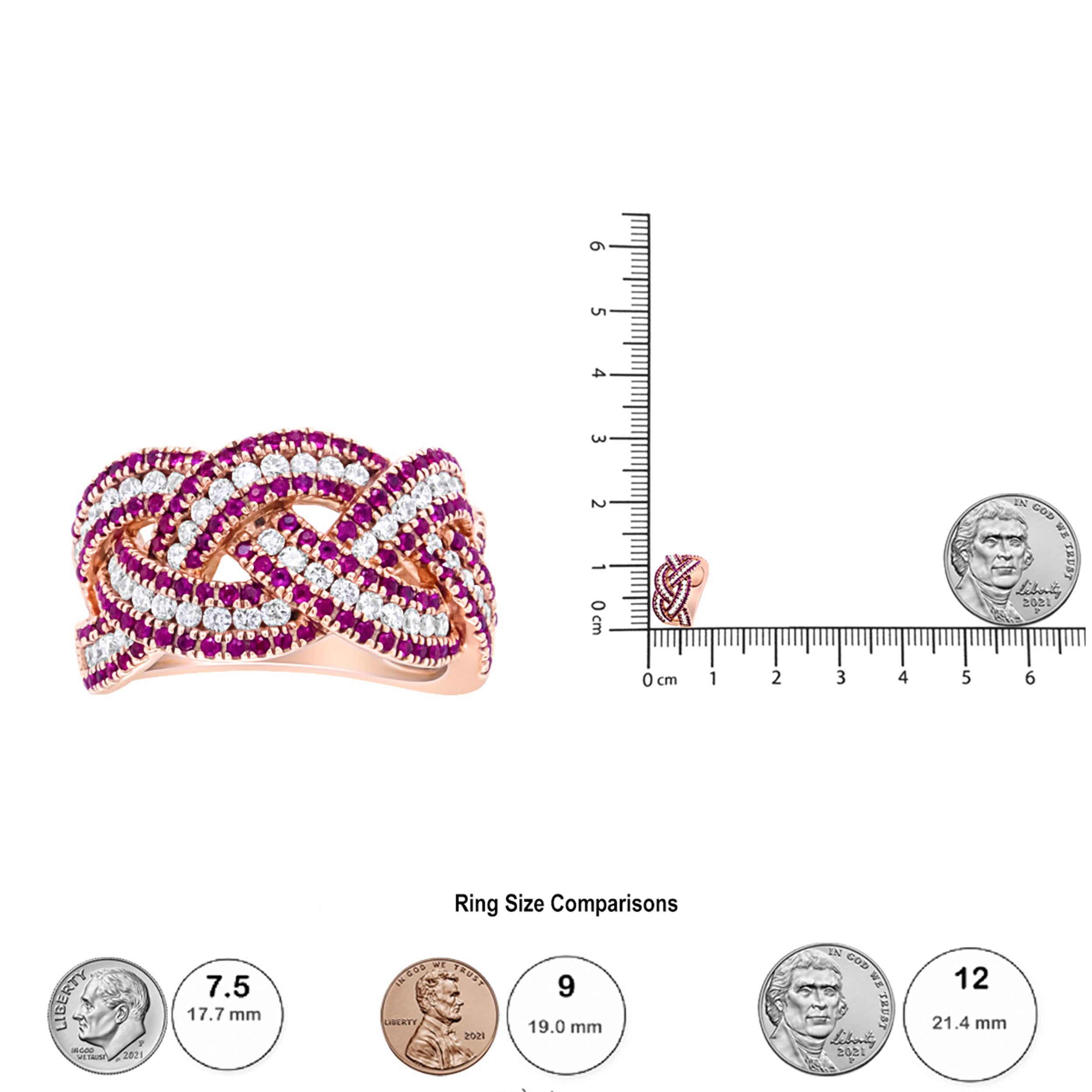 Women's 18K Rose Gold Red Ruby and 7/8 Carat Diamond Woven Braided Band Ring For Sale
