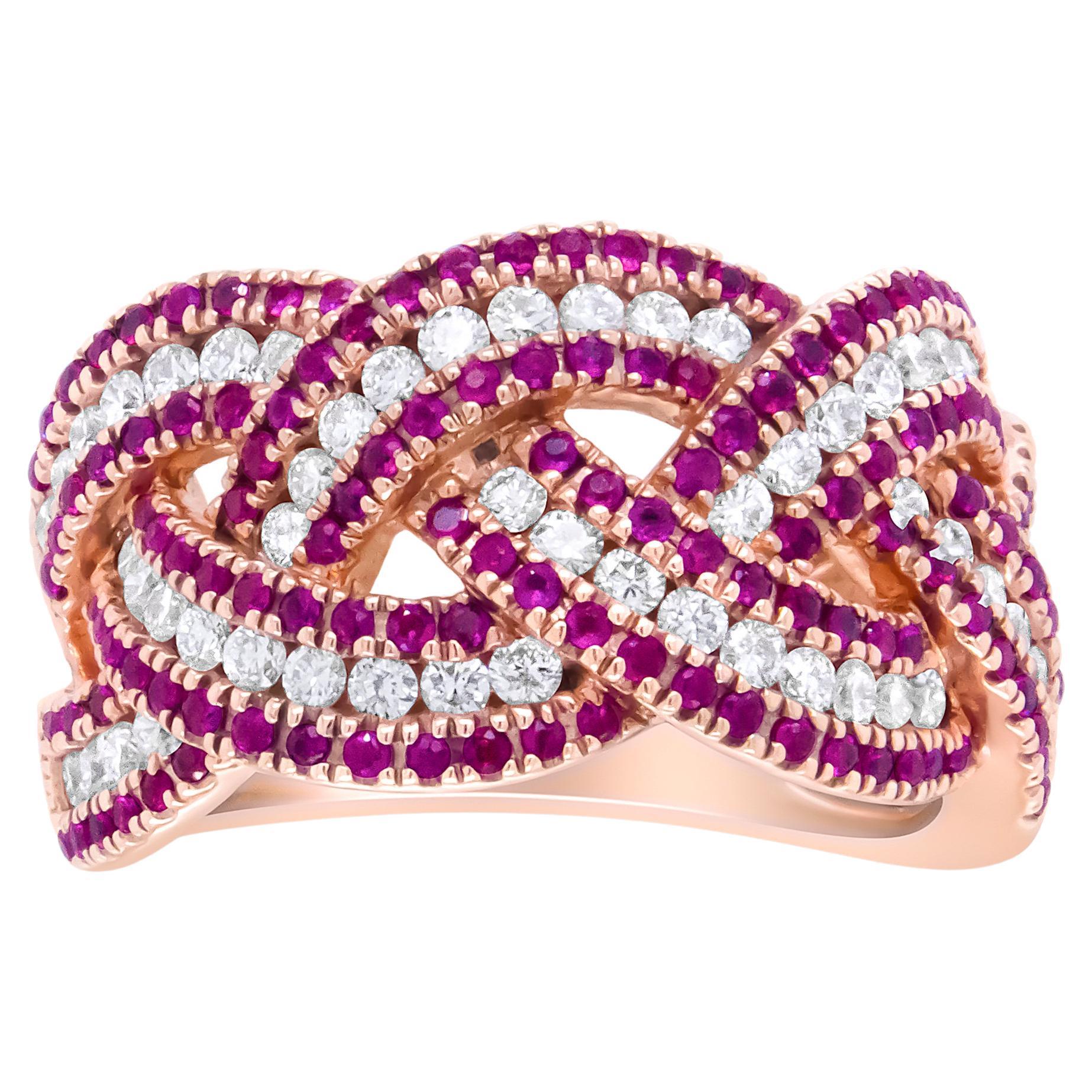 18K Rose Gold Red Ruby and 7/8 Carat Diamond Woven Braided Band Ring