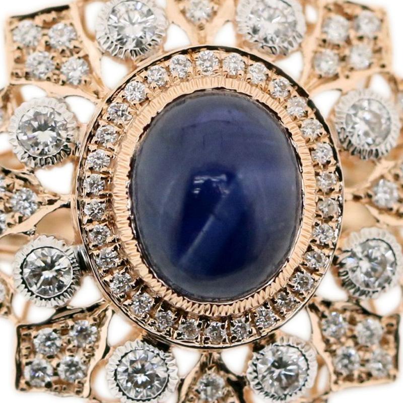 18K Rose Gold Retro Style Oval Sapphire & Diamond Ring in Florentine Finish 2