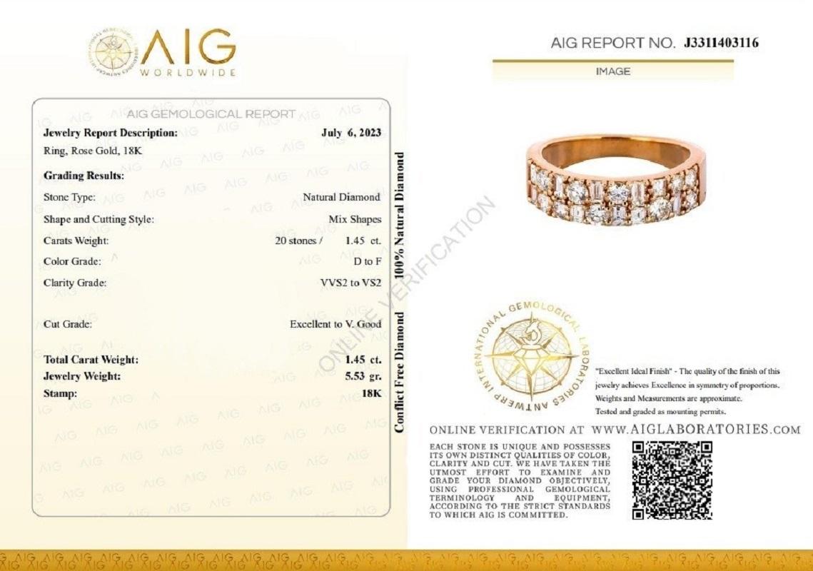 Dazzling 1.45 Carat Mix Shapes Diamond Ring with AIG Certificate

This stunning ring features a 1.45 carat mix shapes diamond with D-F color and VVS2-VS2 clarity. The diamond is set in 18K rose gold with a high quality polish. The ring also features