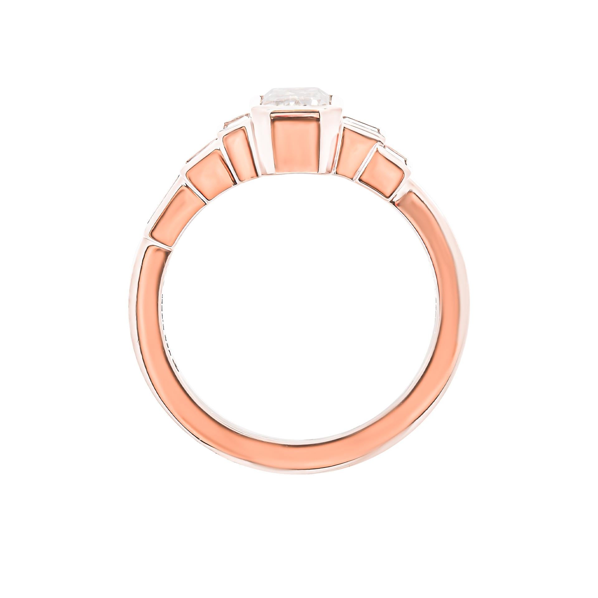 Modern 18K Rose Gold Ring with 0.80 Carat Emerald Cut Diamond For Sale