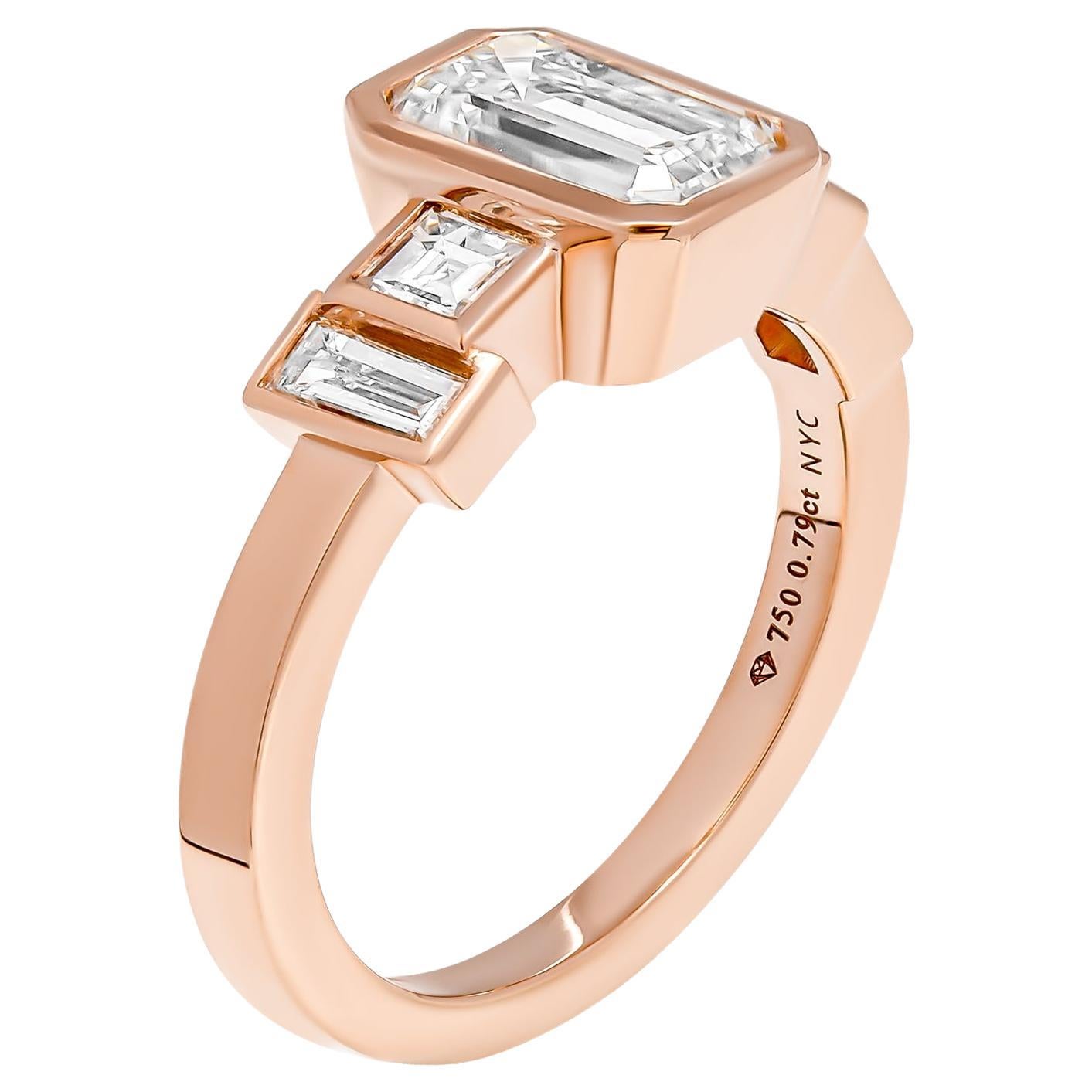 18K Rose Gold Ring with 0.80 Carat Emerald Cut Diamond For Sale
