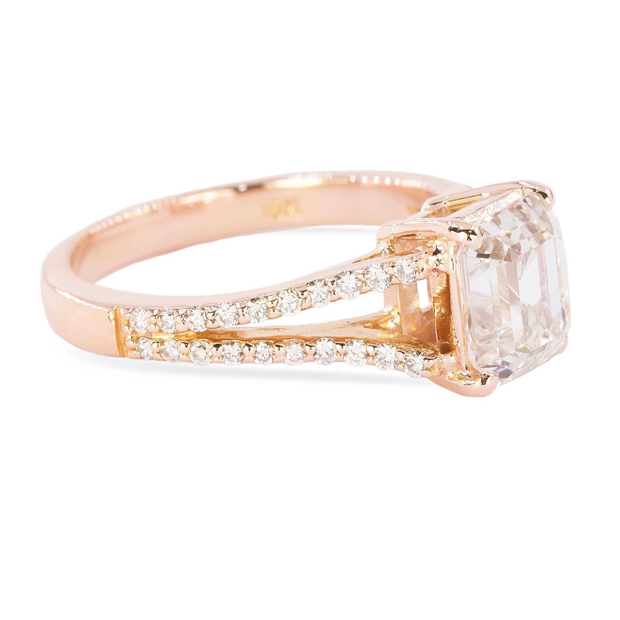 18 Karat Rose Gold Ring with 2.02 Carat GIA Certified Emerald Cut Diamond In New Condition For Sale In Sarasota, FL