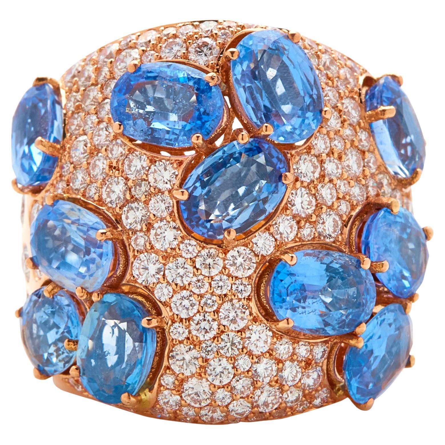 18k Rose Gold Ring with 9.8 Carat Sapphires & 2.1 Carat Diamonds, Size 7 1/4