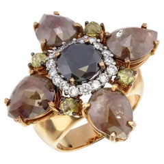 18K Rose Gold Ring with Black Diamond Center and Mixed Fancy Pear-Cut Diamonds