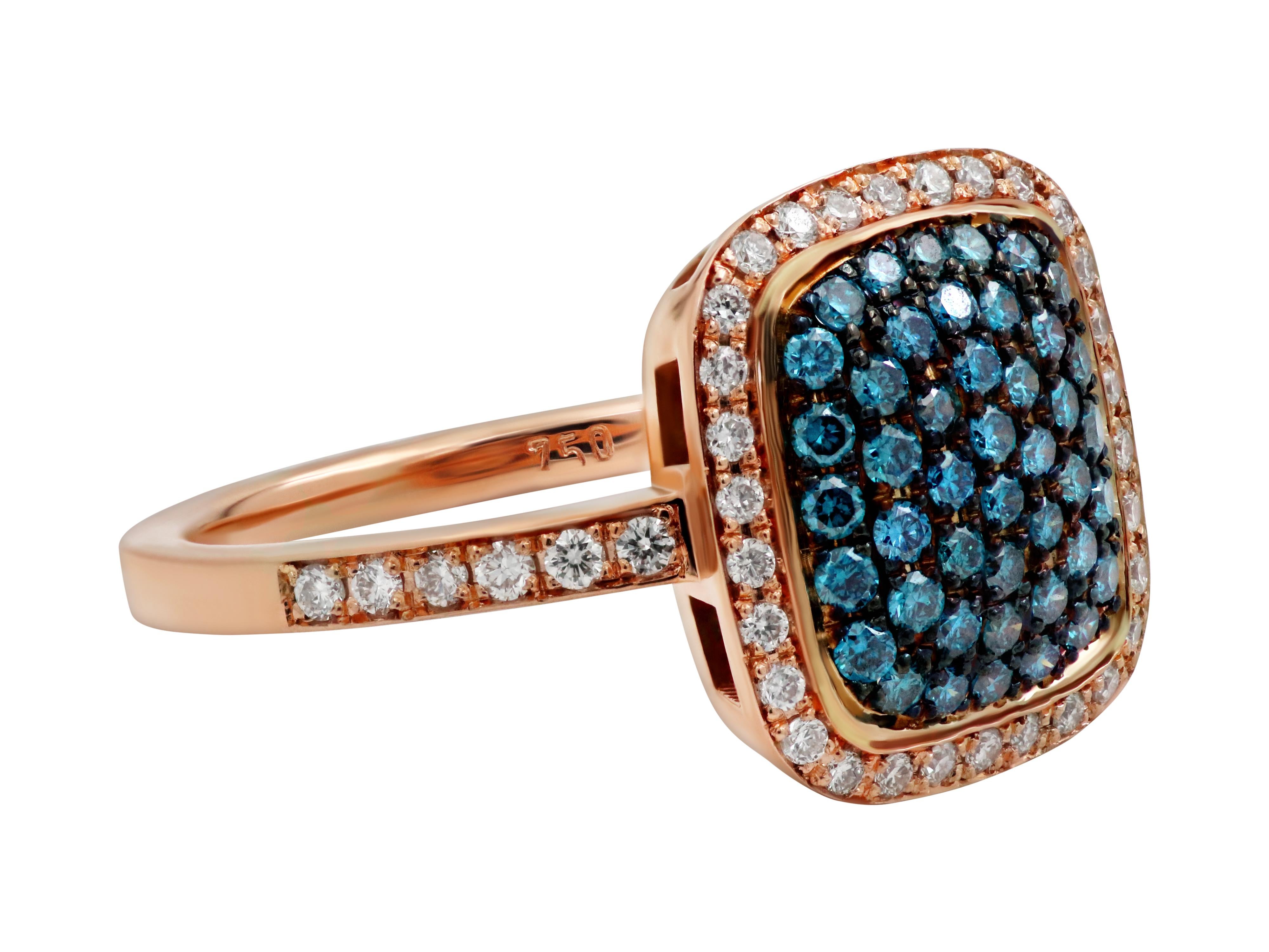 18k rose gold ring with 0.38 carats blue diamonds and 0.23 carats brilliant cut diamonds. 

Ring face: 0.511X0.511”, 1.3X1.3cm