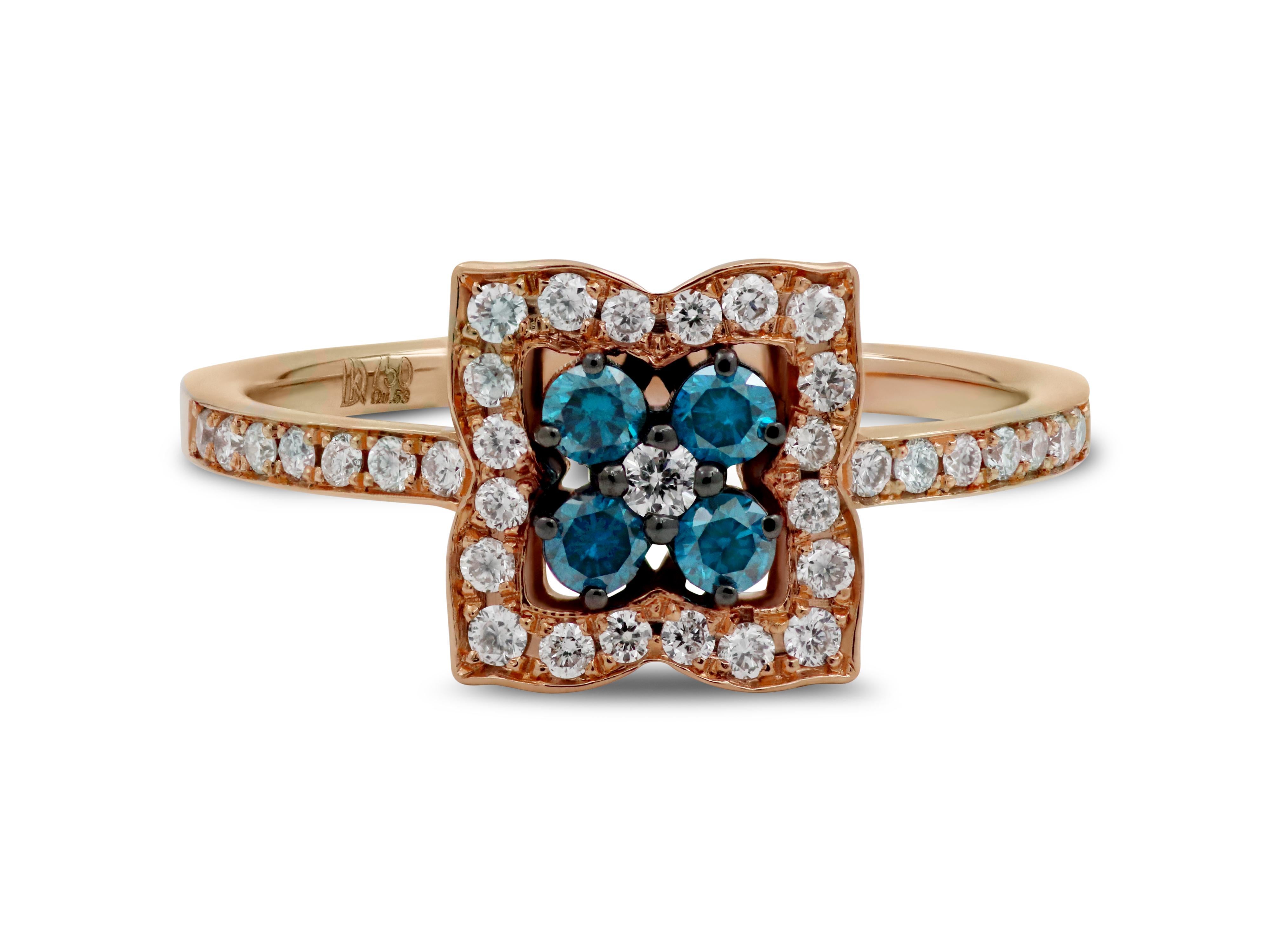 Modernist 18k Rose Gold Ring with Blue and White Diamonds For Sale