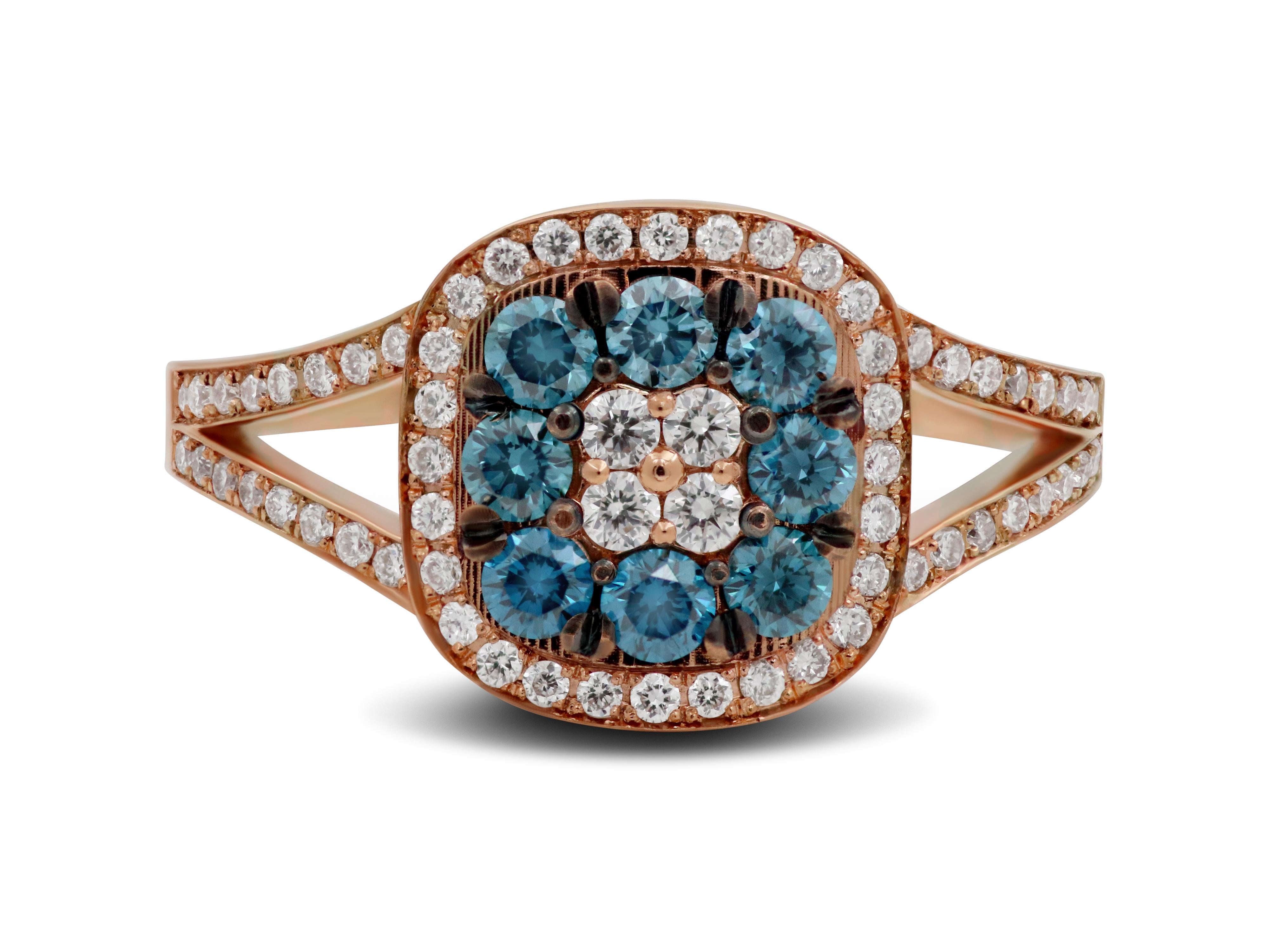 Modern 18k Rose Gold Ring with Blue and White Diamonds For Sale