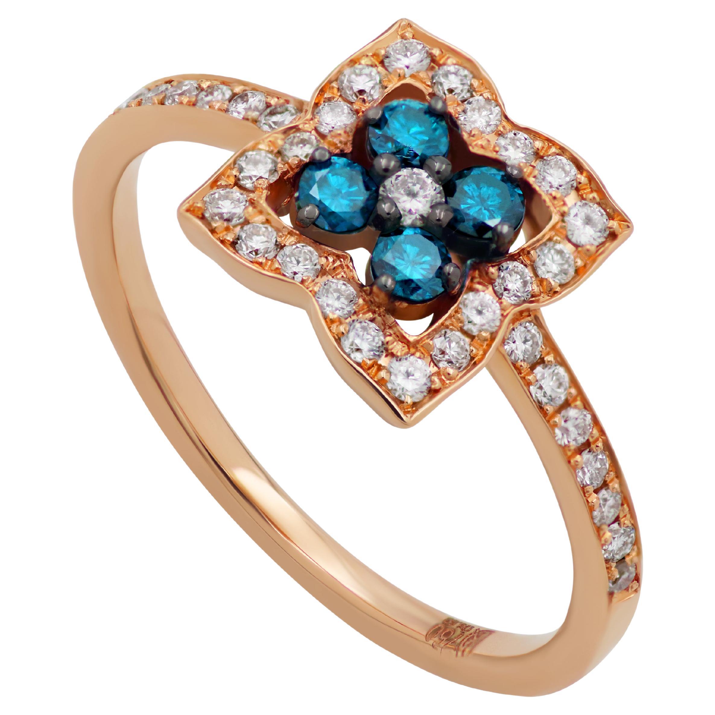 18k Rose Gold Ring with Blue and White Diamonds For Sale