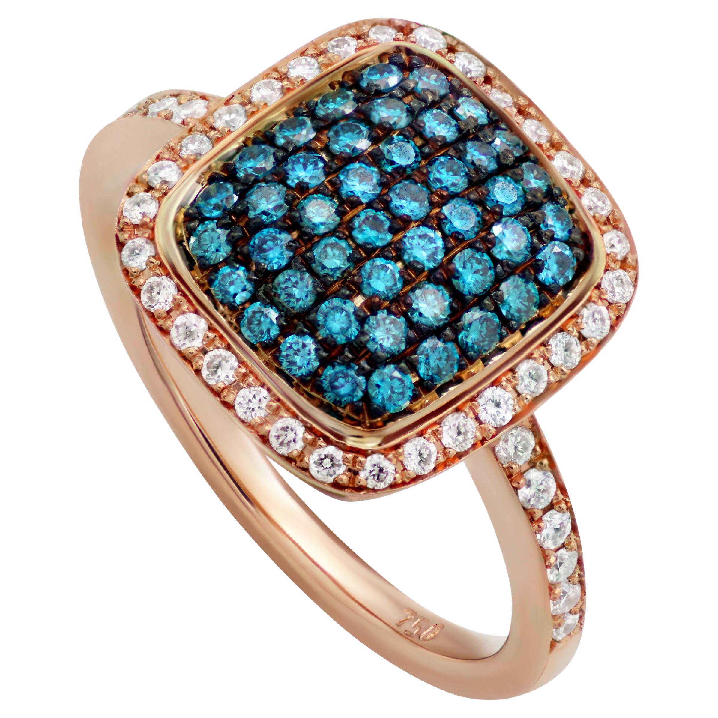 18k Rose Gold Ring with Blue and White Diamonds For Sale