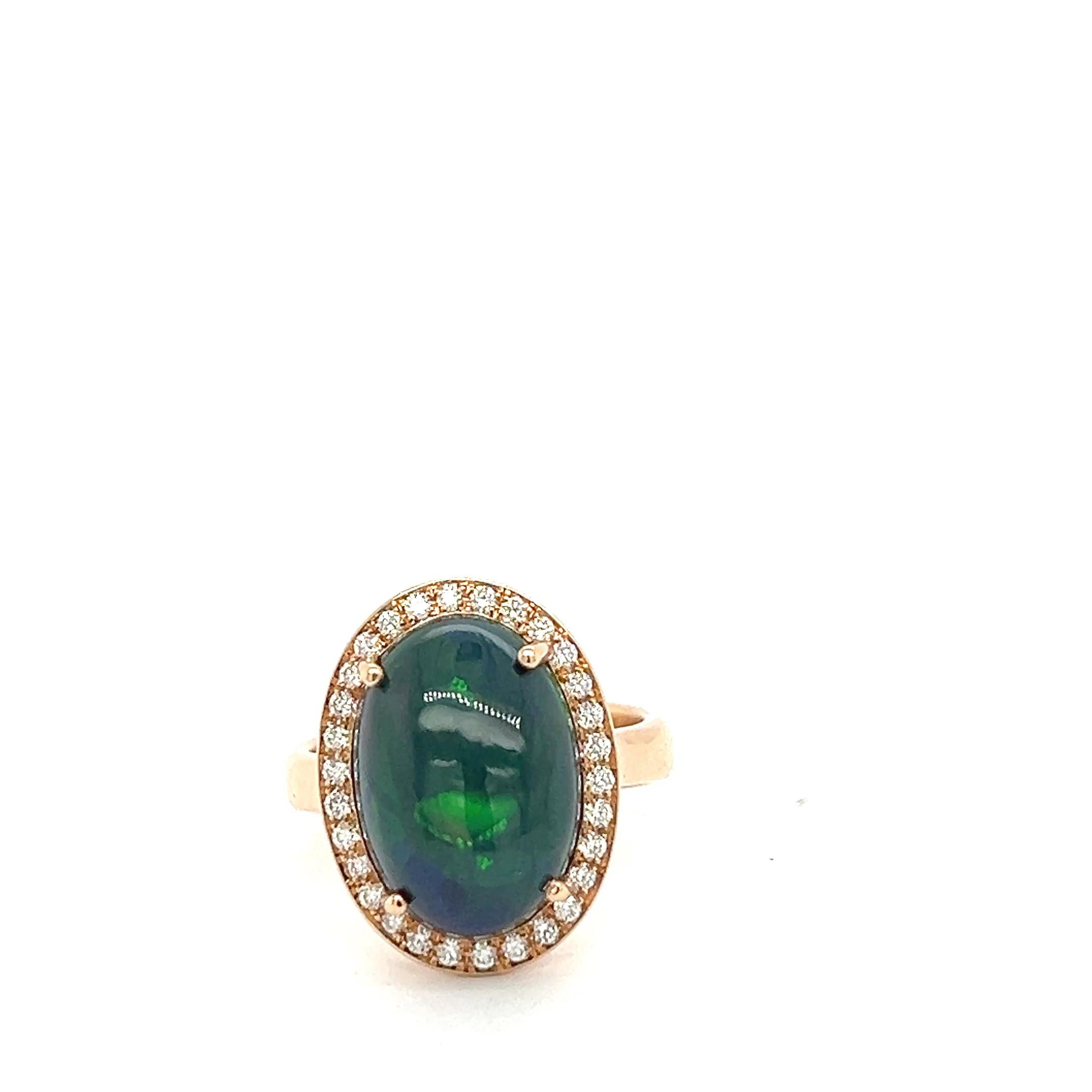 Contemporary 18K Rose Gold Ring with Cabochon Opal and Diamonds For Sale