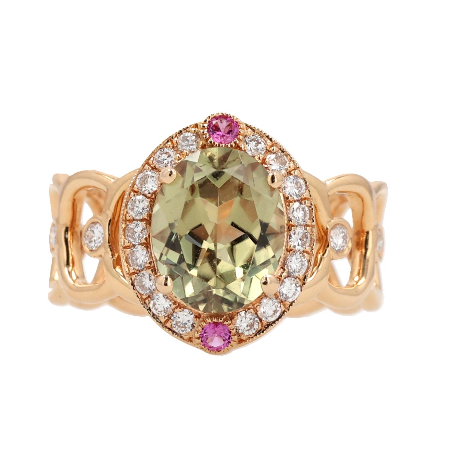 Immerse yourself in opulent elegance with this 18K Rose Gold Ring by the esteemed designer Erica Courtney. The centerpiece of this captivating ring is a stunning 3.12-carat Csarite, a gemstone celebrated for its remarkable color-changing properties,