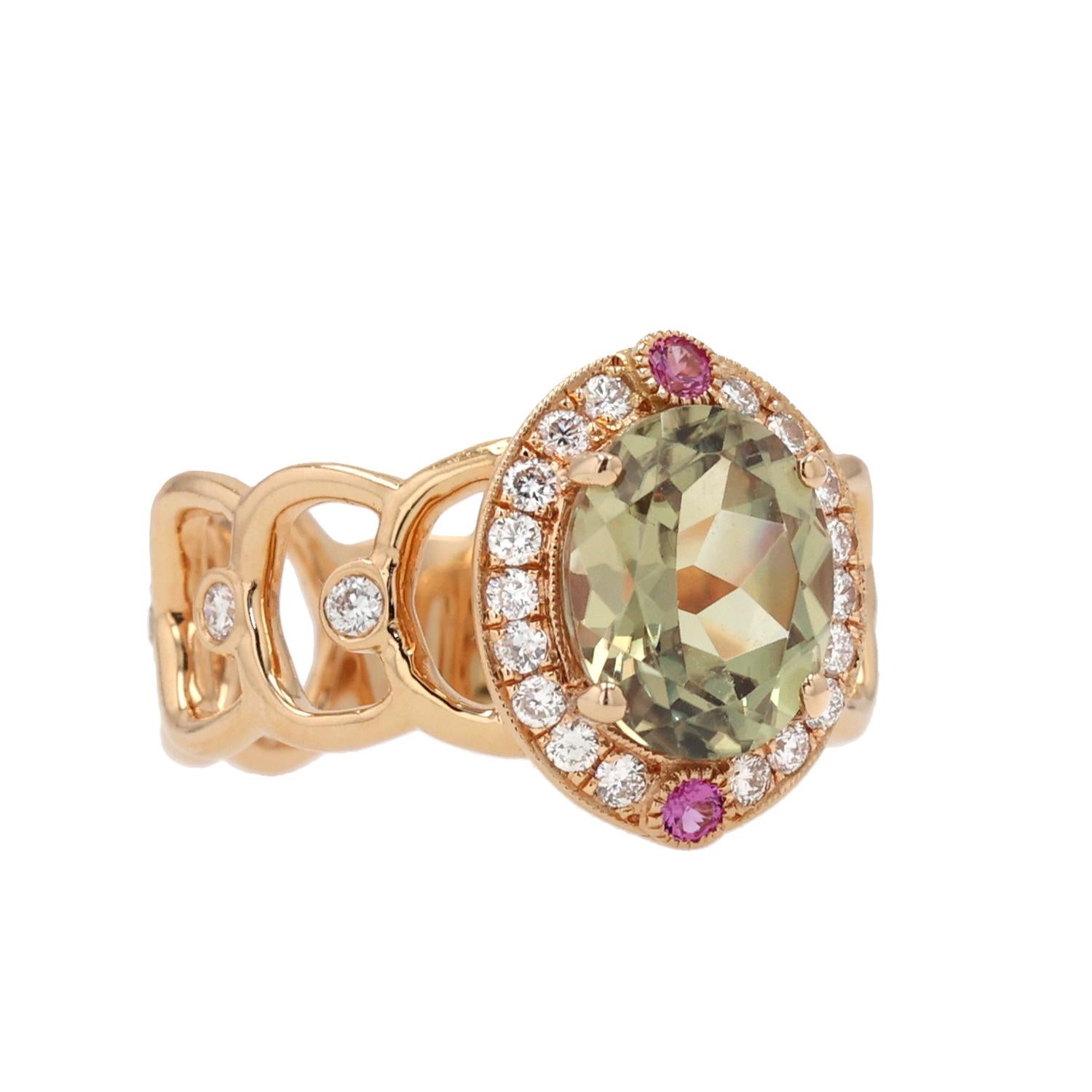 Modern 18K Rose Gold Ring with Csarite, Pink Sapphires, and Diamonds by Erica Courtney For Sale