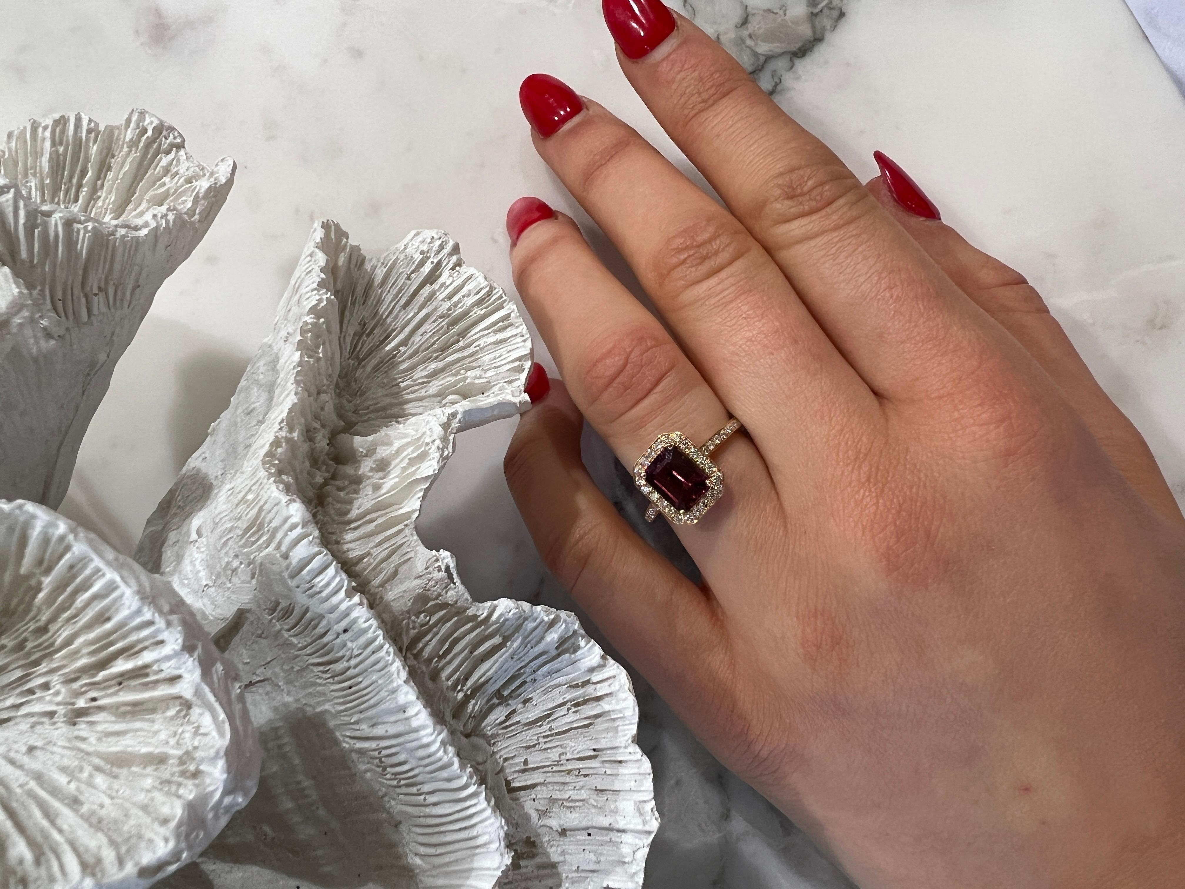 Contemporary 18K Rose Gold Ring with Emerald Cut Tourmaline and Diamond Paving For Sale
