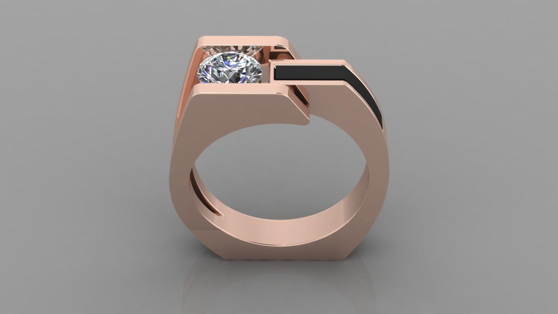 Round Cut 18 Karat Rose Gold Ring with Inlaid Black Jade and .50 Carat in Diamonds For Sale