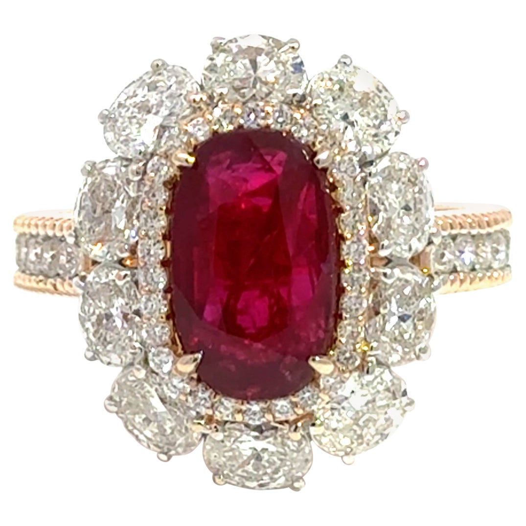 18k Rose Gold Ring with No-Heat Ruby and Diamond Halo For Sale