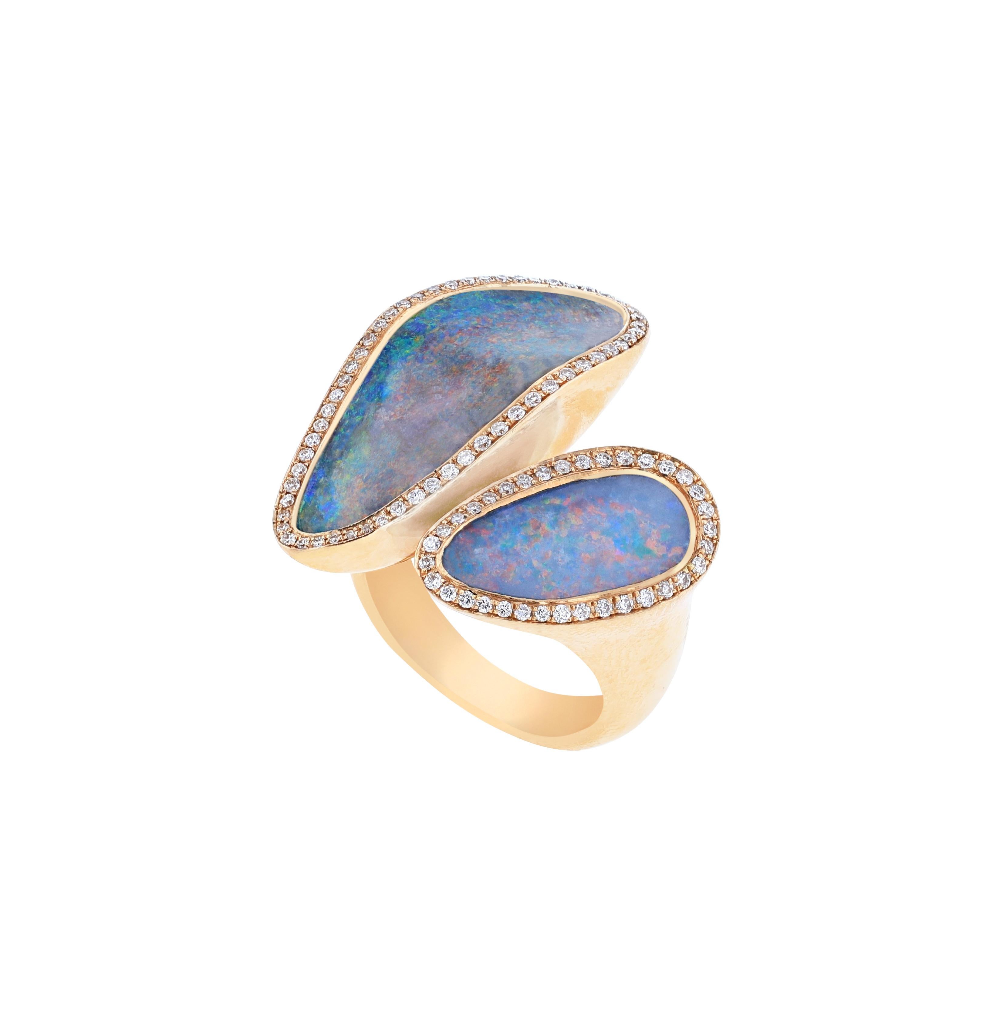 Rose Cut 18k Rose Gold Ring with Opal Stone and Round Cut Diamonds For Sale