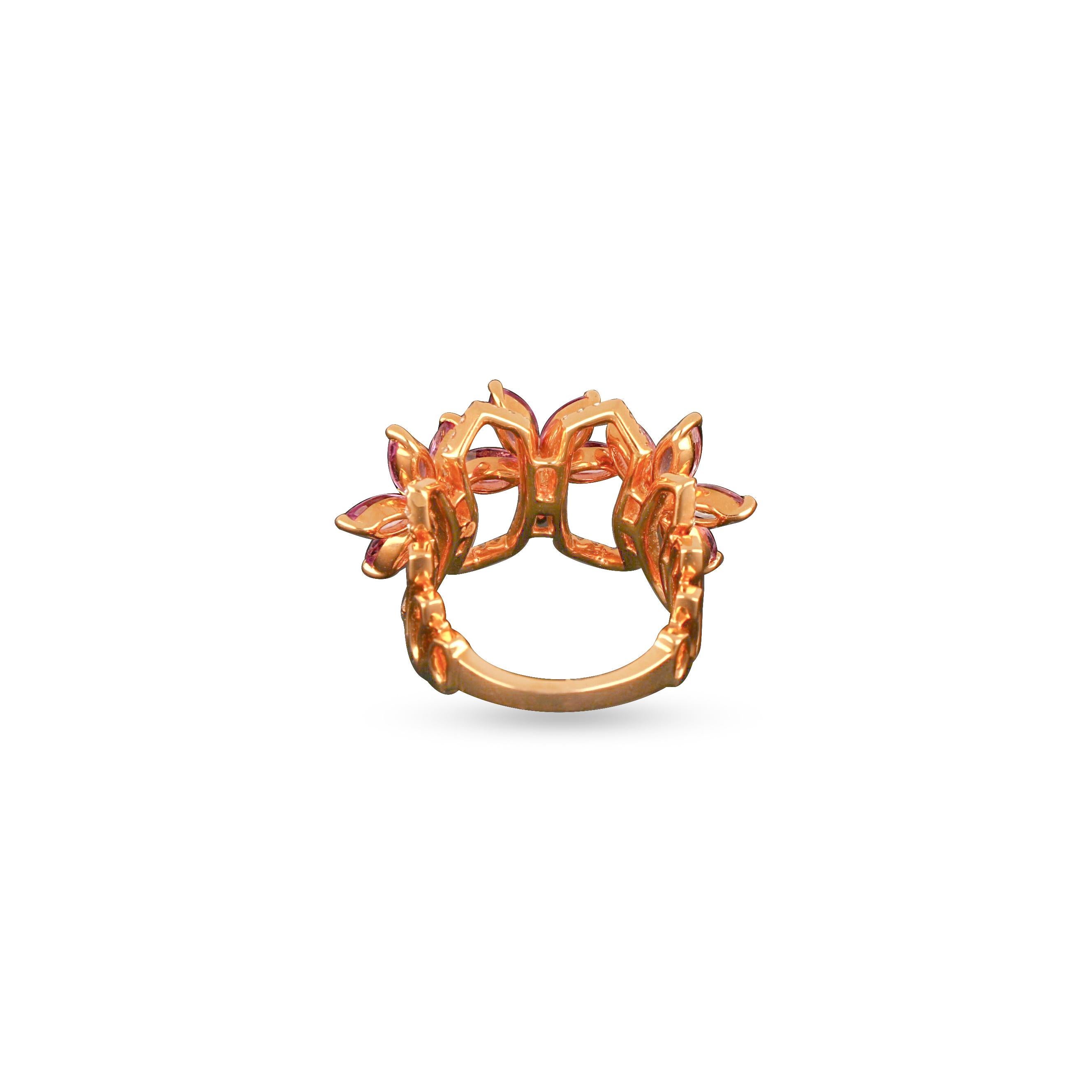 Art Deco 18K Rose Gold Ring with Pink Sapphires and Diamonds For Sale