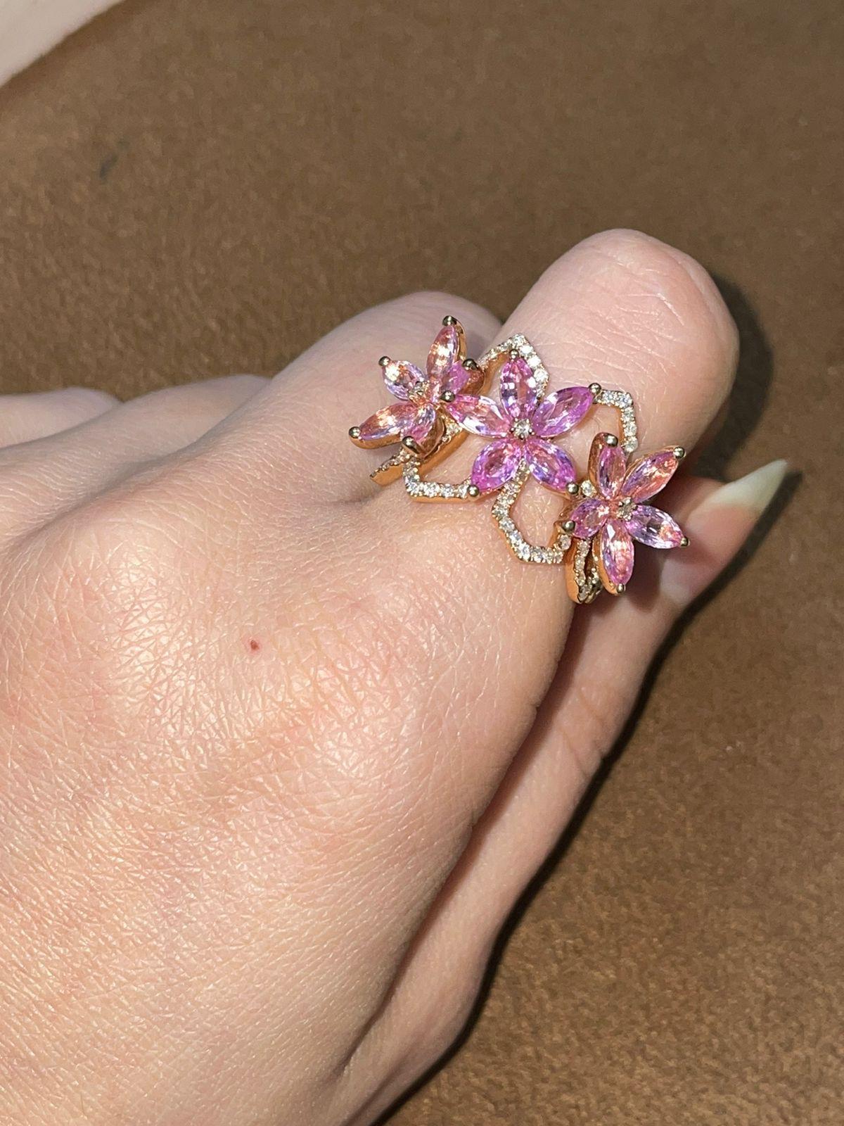 Rose Cut 18K Rose Gold Ring with Pink Sapphires and Diamonds For Sale