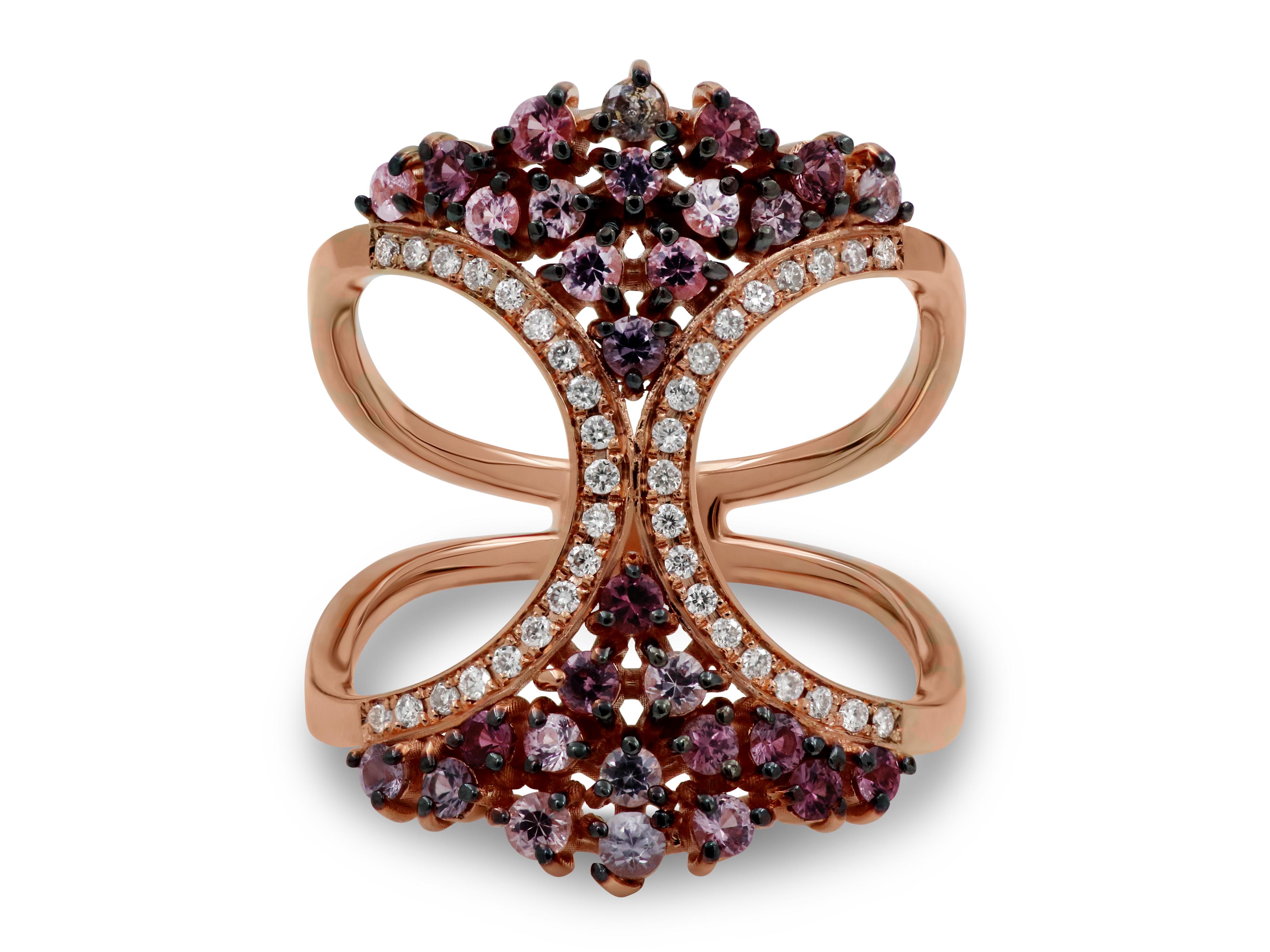 Exquisite 18k rose gold ring with 0.76 carats spinel and 0.16 carats brilliant cut diamonds.