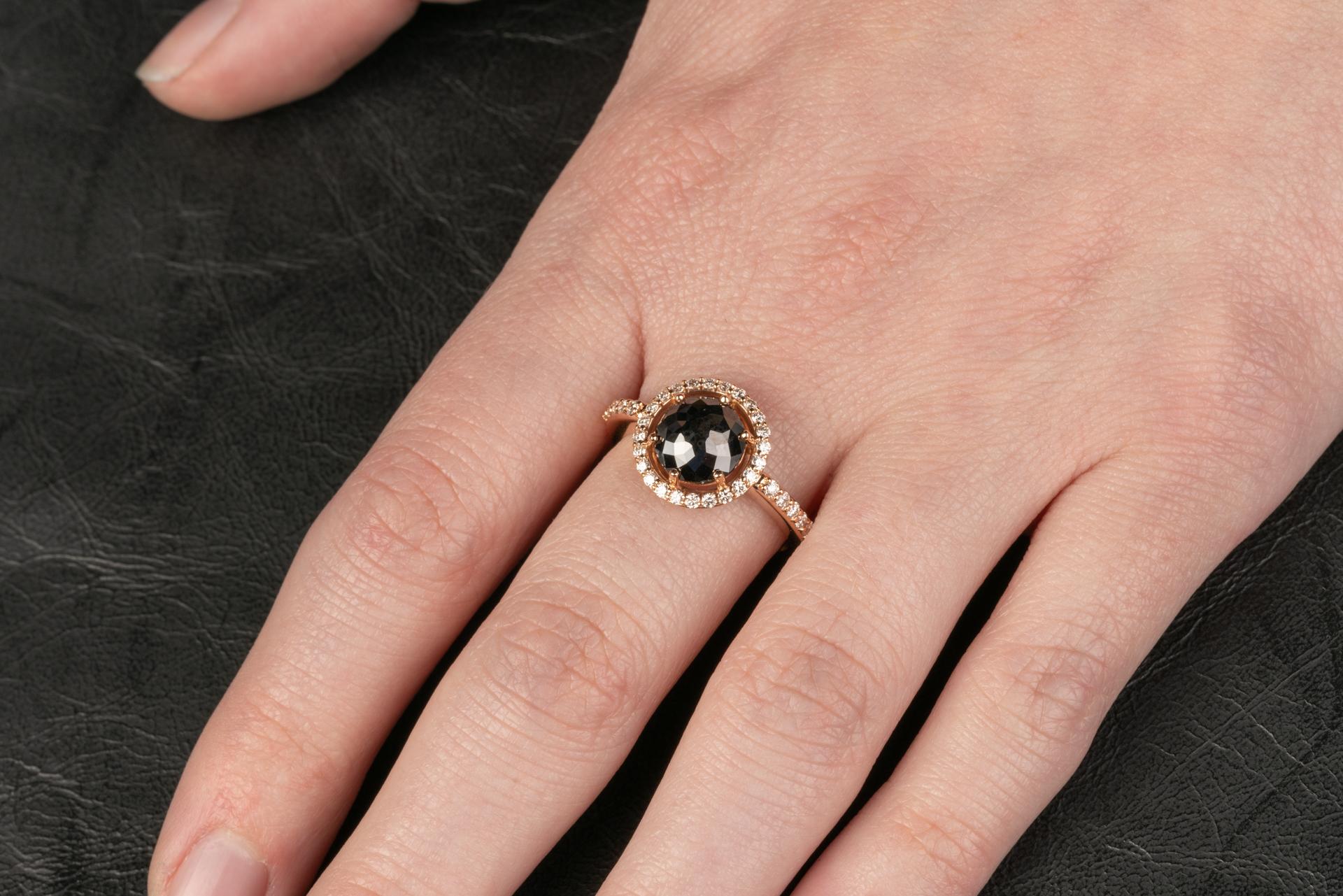 Contemporary 18 Karat Rose Gold Rose Cut Black Diamond Ring with Champagne Diamond Halo