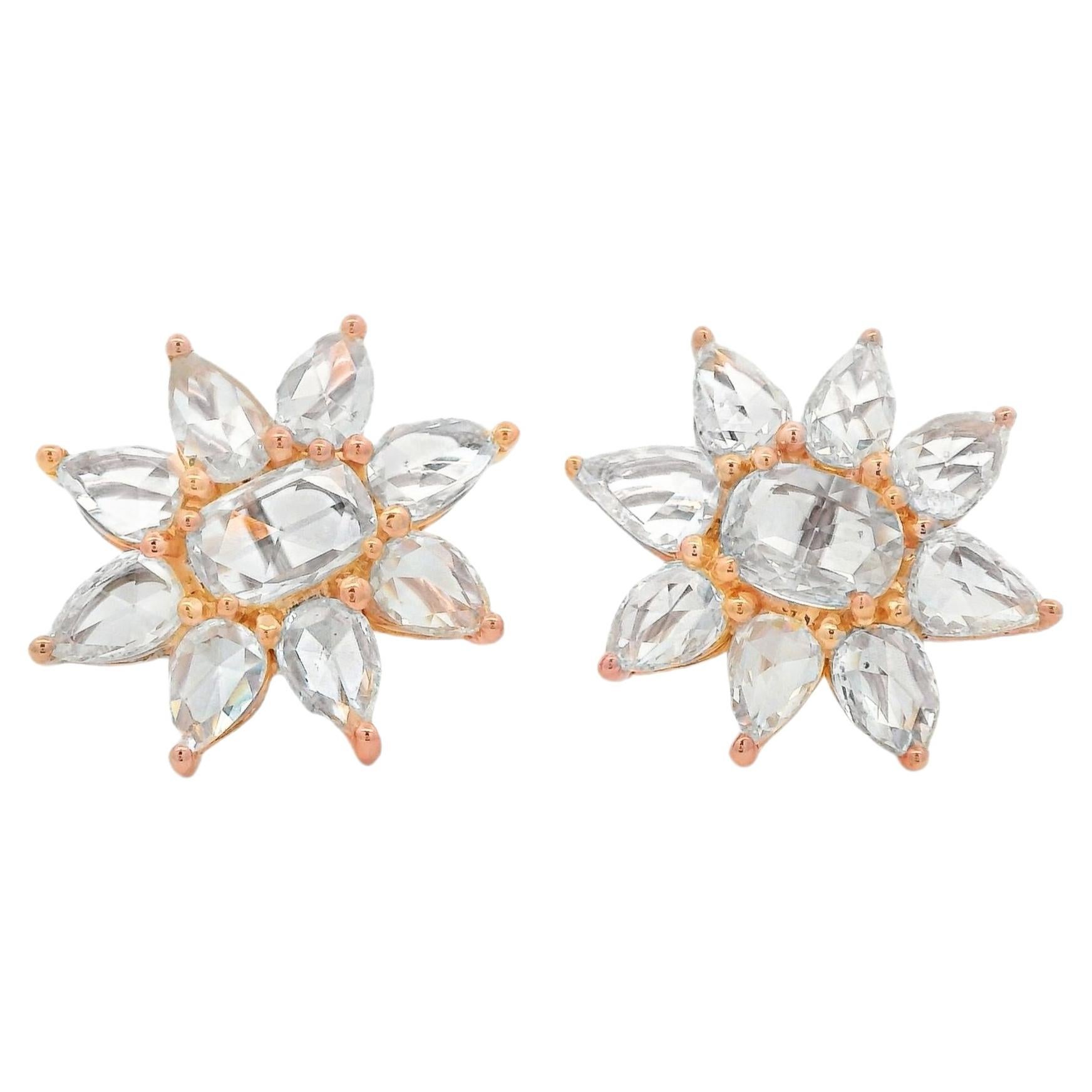 18k Rose Gold Rose Cut Diamond Flower Stud Earrings