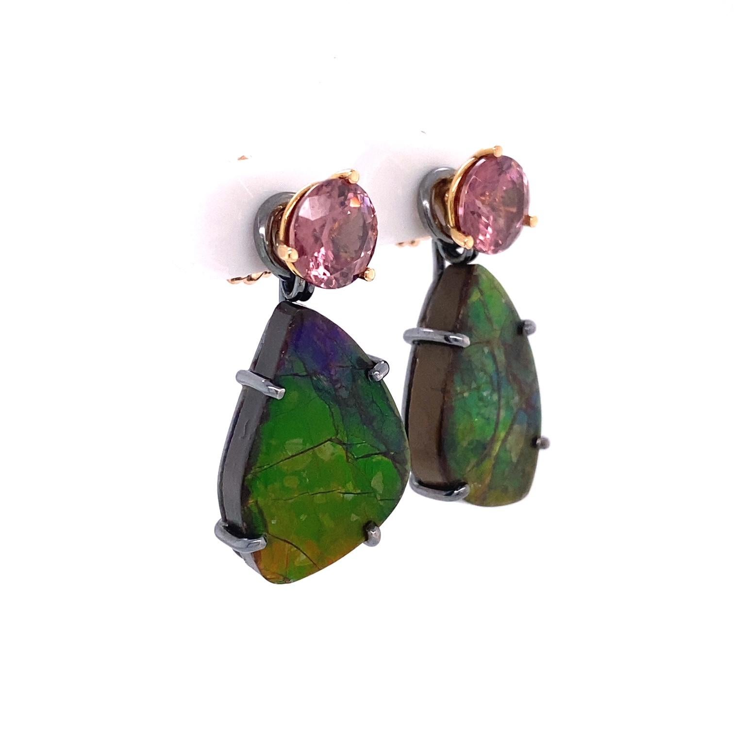 A pair of 18k rose gold martini head studs with 7.5mm rose zircons,4.74 total carat weight, with a pair of ammolite earring jackets set in oxidized sterling silver. Designed and made by llyn strong.

Items sold separately upon request.