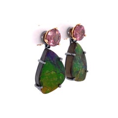 18k Rose Gold Rose Zircon Studs with Oxidized Sterling Silver Ammolite Jackets